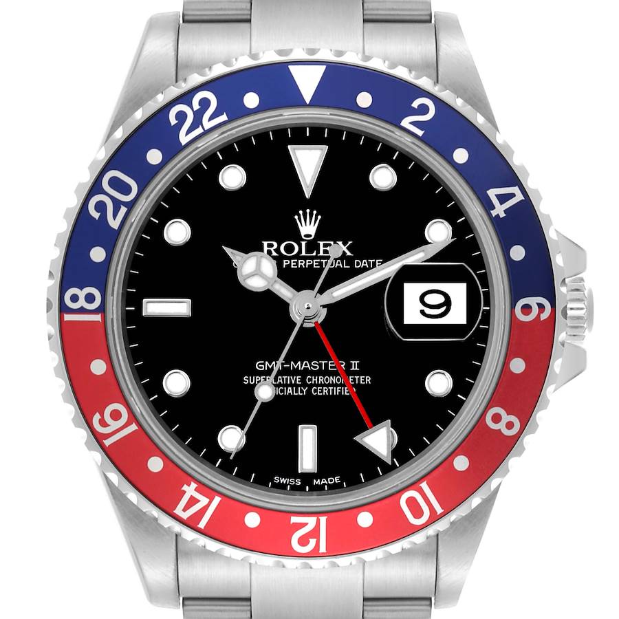 The Rolex GMT-Master watch is shown from a front angle, highlighting the bezel, dial, hands, and date window.