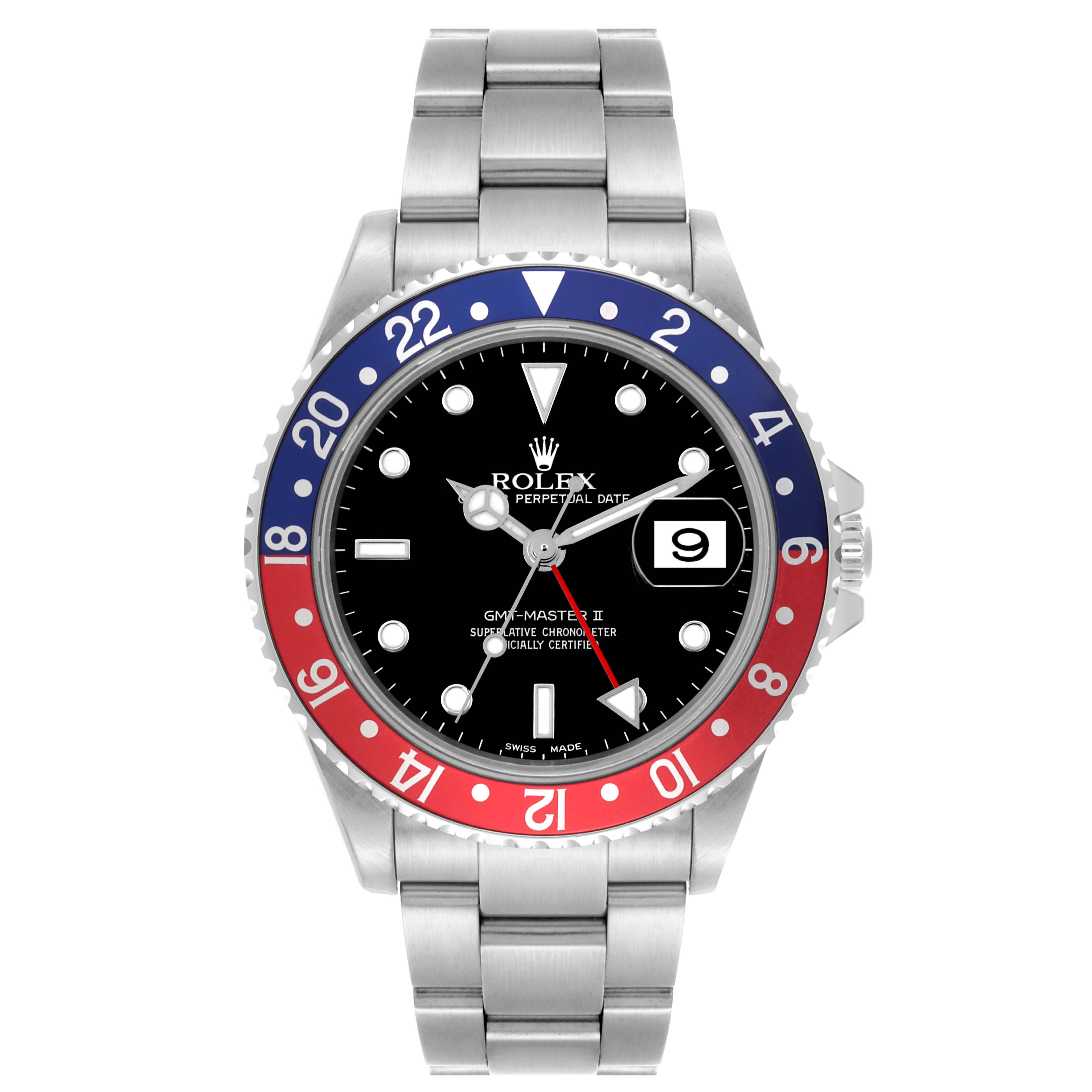 The Rolex GMT-Master 16710 Men
s Stainless Steel Black Dial 16710 Men
s Stainless Steel Black Dial watch is shown from a front angle, displaying the bezel, dial, bracelet, and date window prominently.