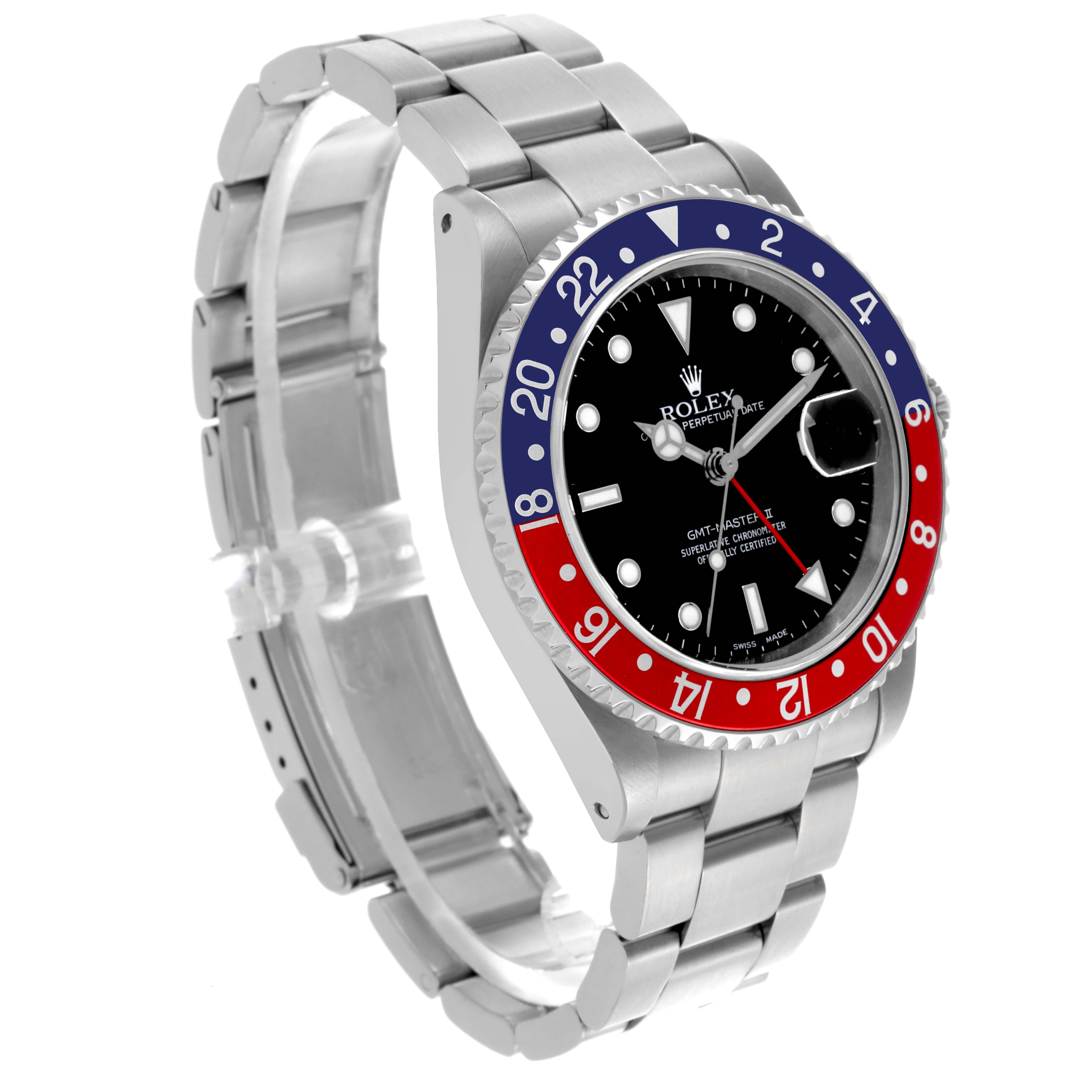 The Rolex GMT-Master 16710 Men
s Stainless Steel Black Dial 16710 Men
s Stainless Steel Black Dial watch is shown at an angled side view, highlighting its bezel, dial, and bracelet.
