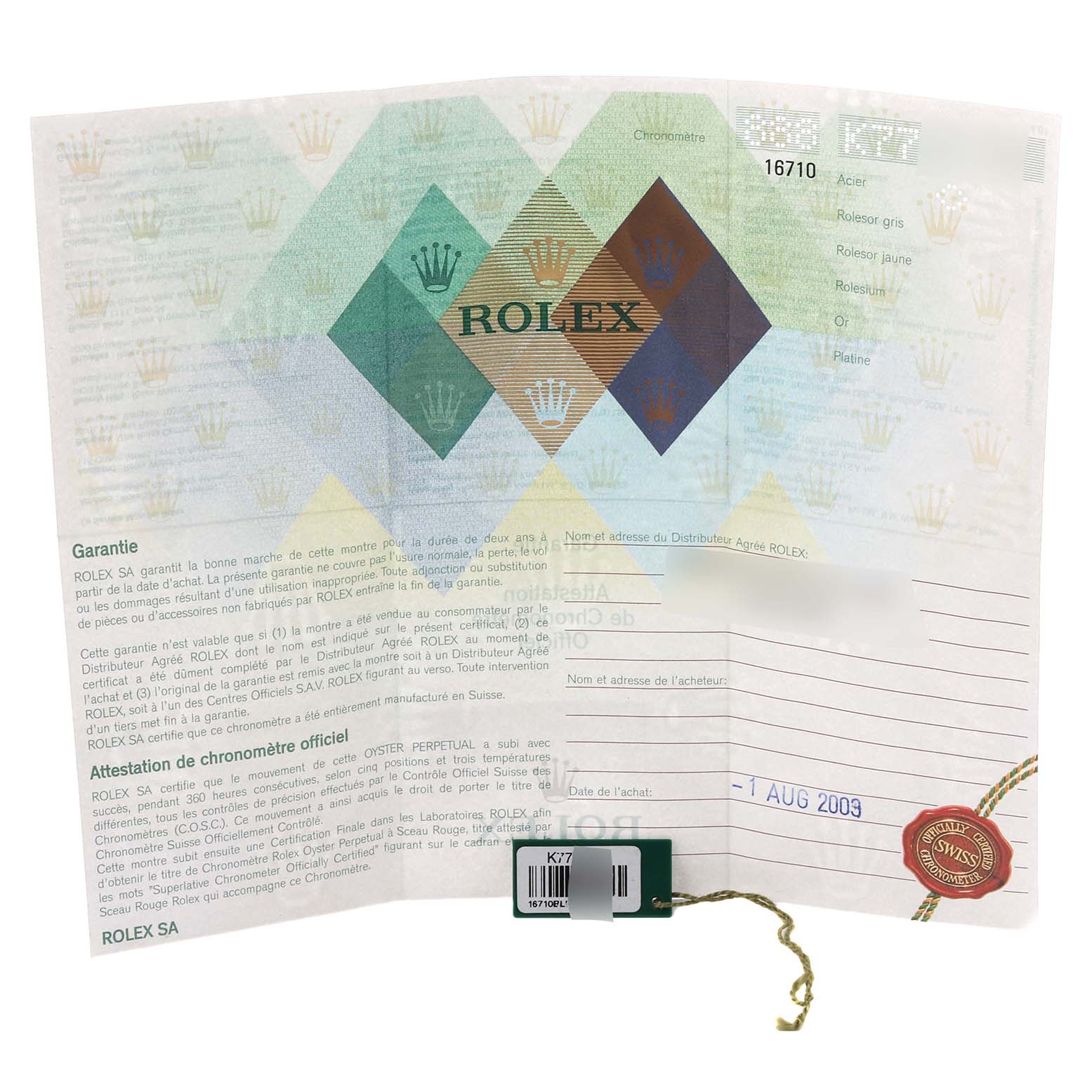 This image shows the warranty card and tag for a Rolex GMT-Master 16710 Men
s Stainless Steel Black Dial 16710 Men
s Stainless Steel Black Dial model, showcasing the brand logo and purchase details.