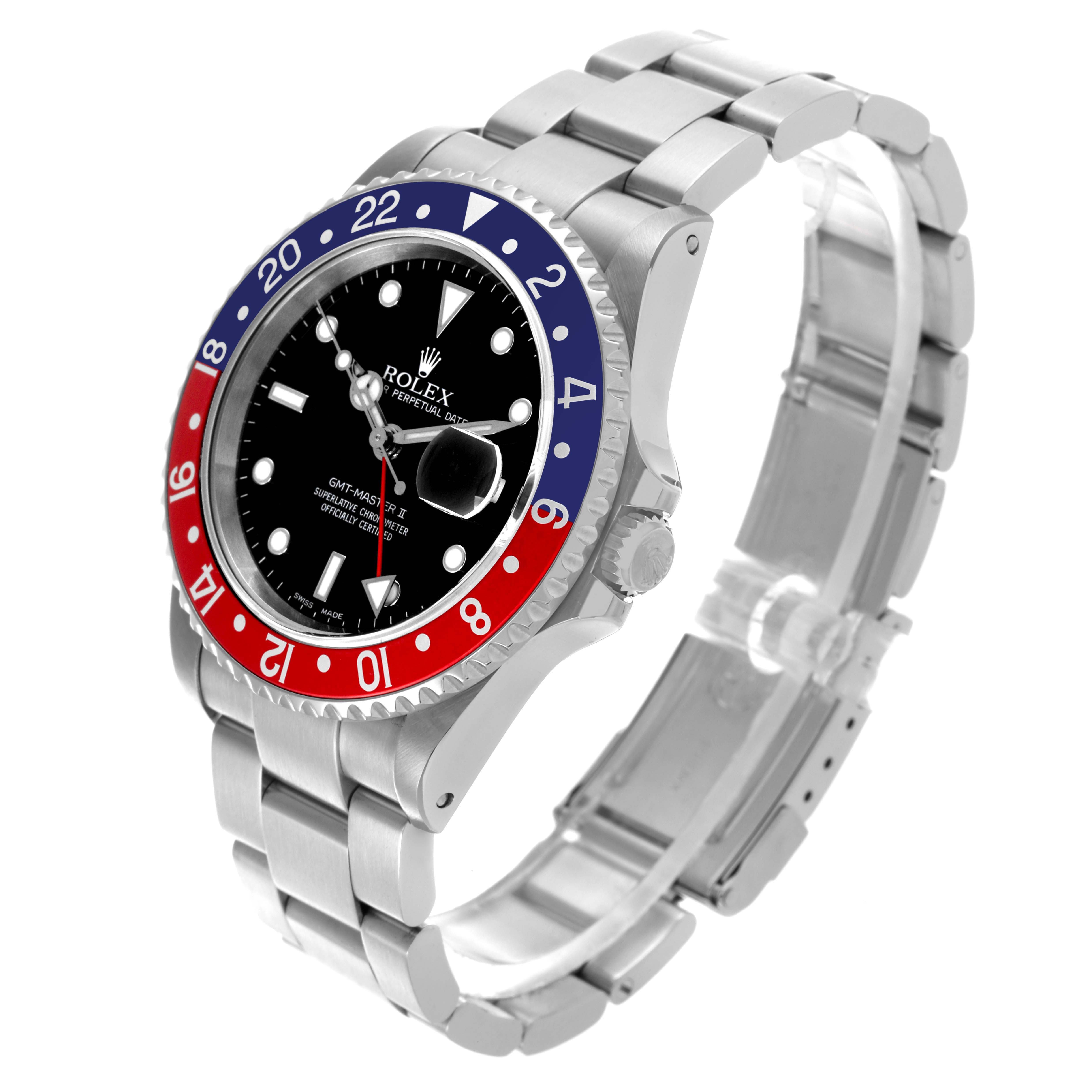 The Rolex GMT-Master 16710 Men
s Stainless Steel Black Dial 16710 Men
s Stainless Steel Black Dial watch is shown at a three-quarter angle, highlighting the bezel, dial, strap, and crown.