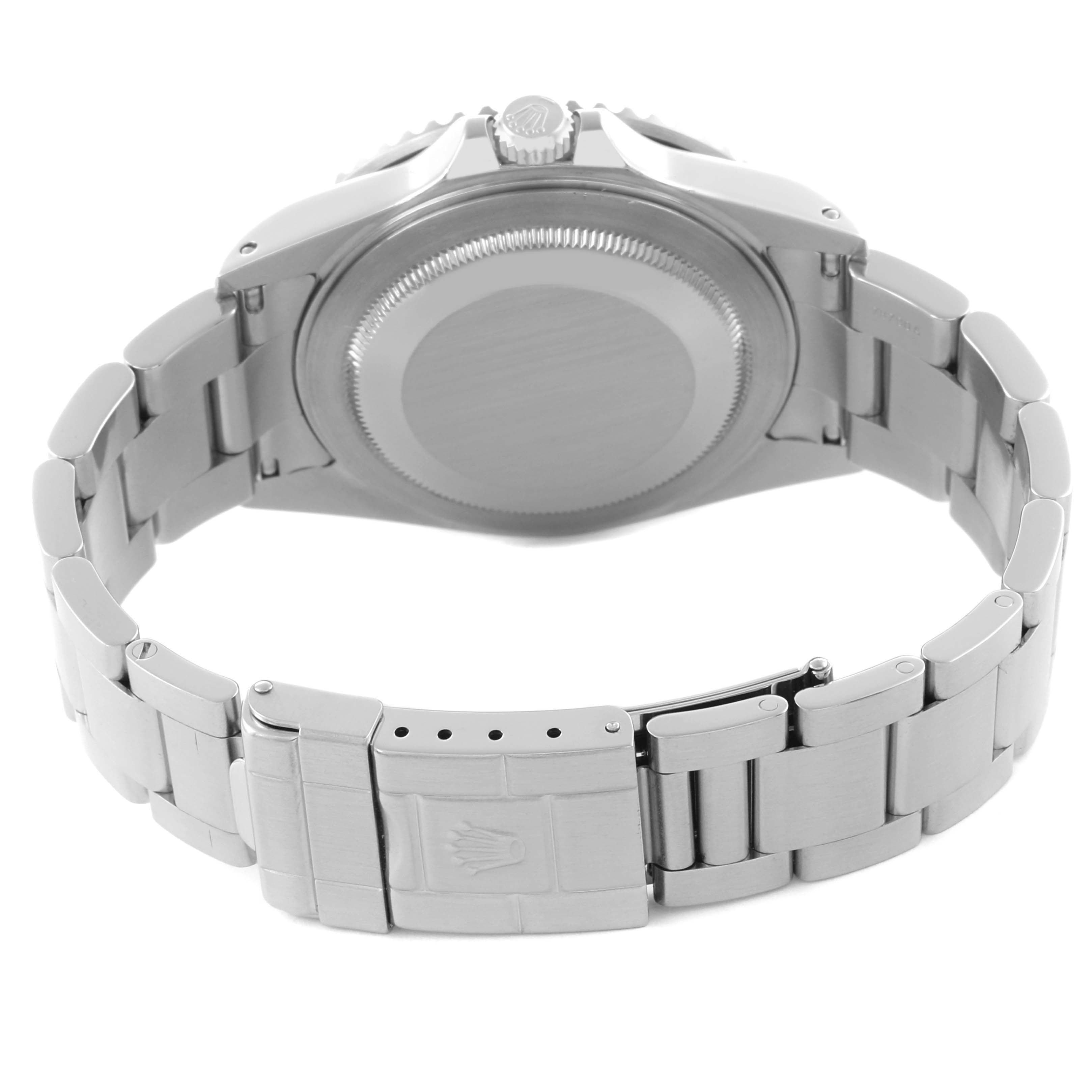 The image shows the back and bracelet of a Rolex GMT-Master 16710 Men
s Stainless Steel Black Dial 16710 Men
s Stainless Steel Black Dial, highlighting the clasp and case back.