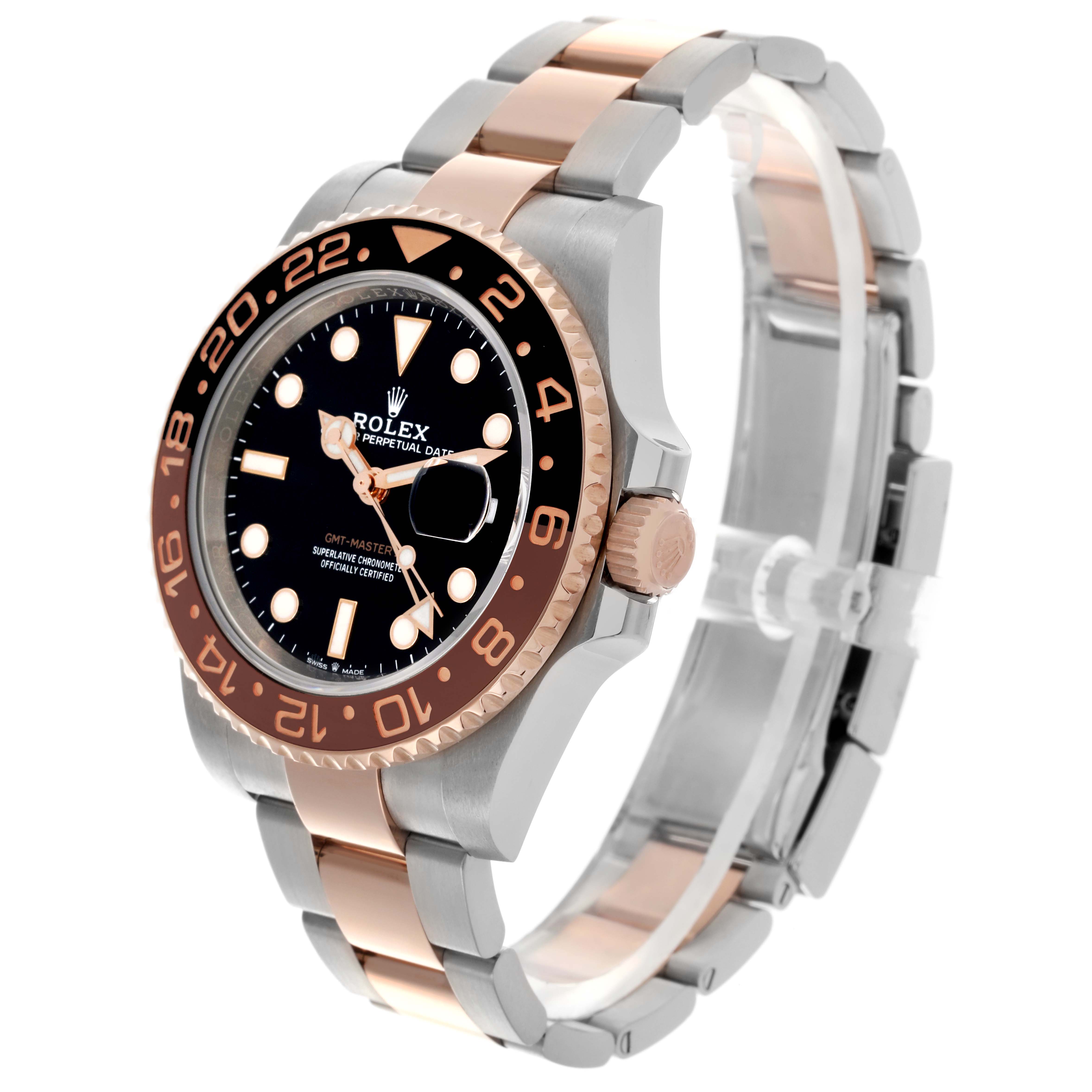 The Rolex GMT-Master 126711 Men's Steel and Gold (two tone) Black Dial 126711 Men's Steel and Gold (two tone) Black Dial watch is shown at a three-quarter angle, displaying the bezel, dial, case, crown, and bracelet.