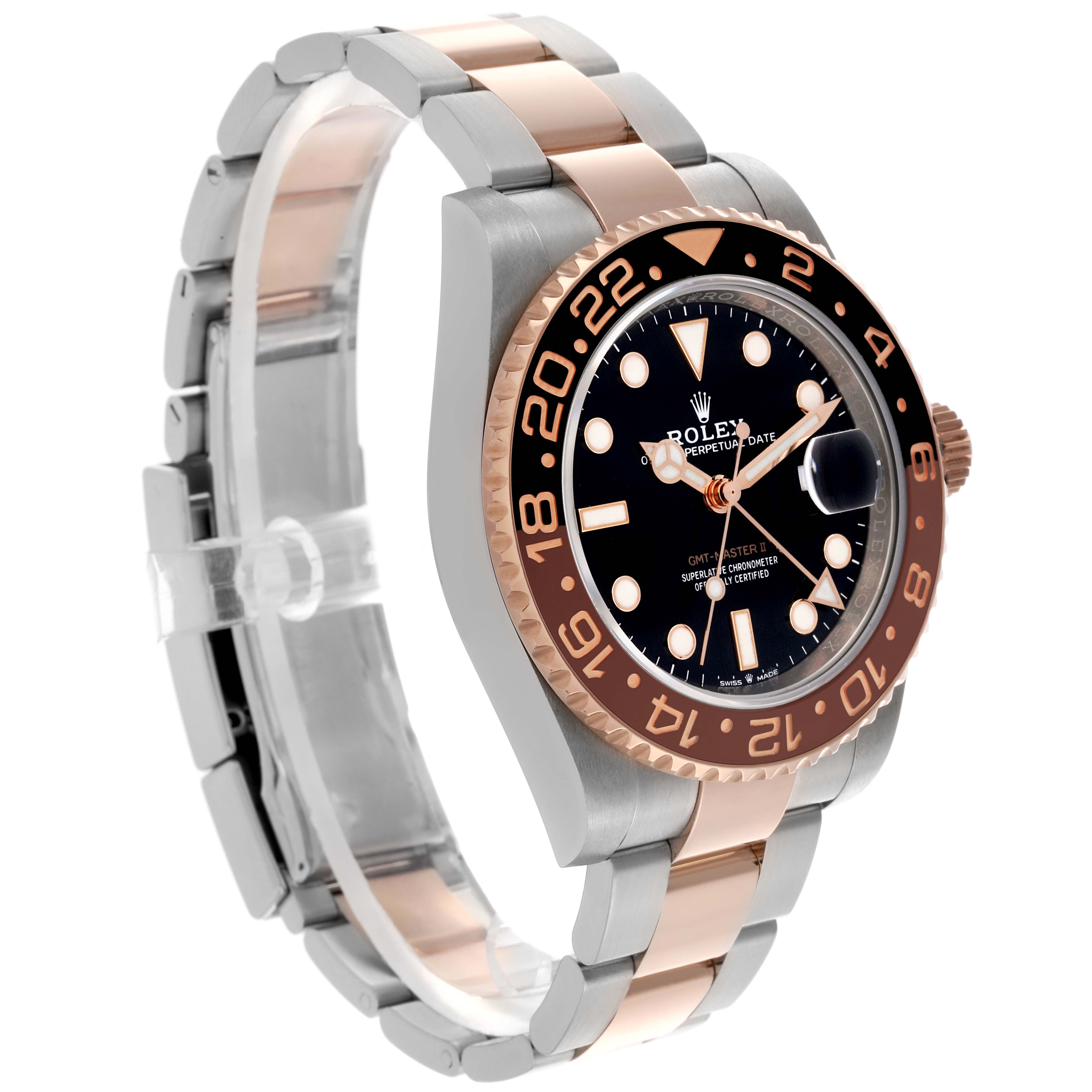 The Rolex GMT-Master 126711 Men's Steel and Gold (two tone) Black Dial 126711 Men's Steel and Gold (two tone) Black Dial watch is shown at an angle highlighting the side, bezel, dial, and partial bracelet.