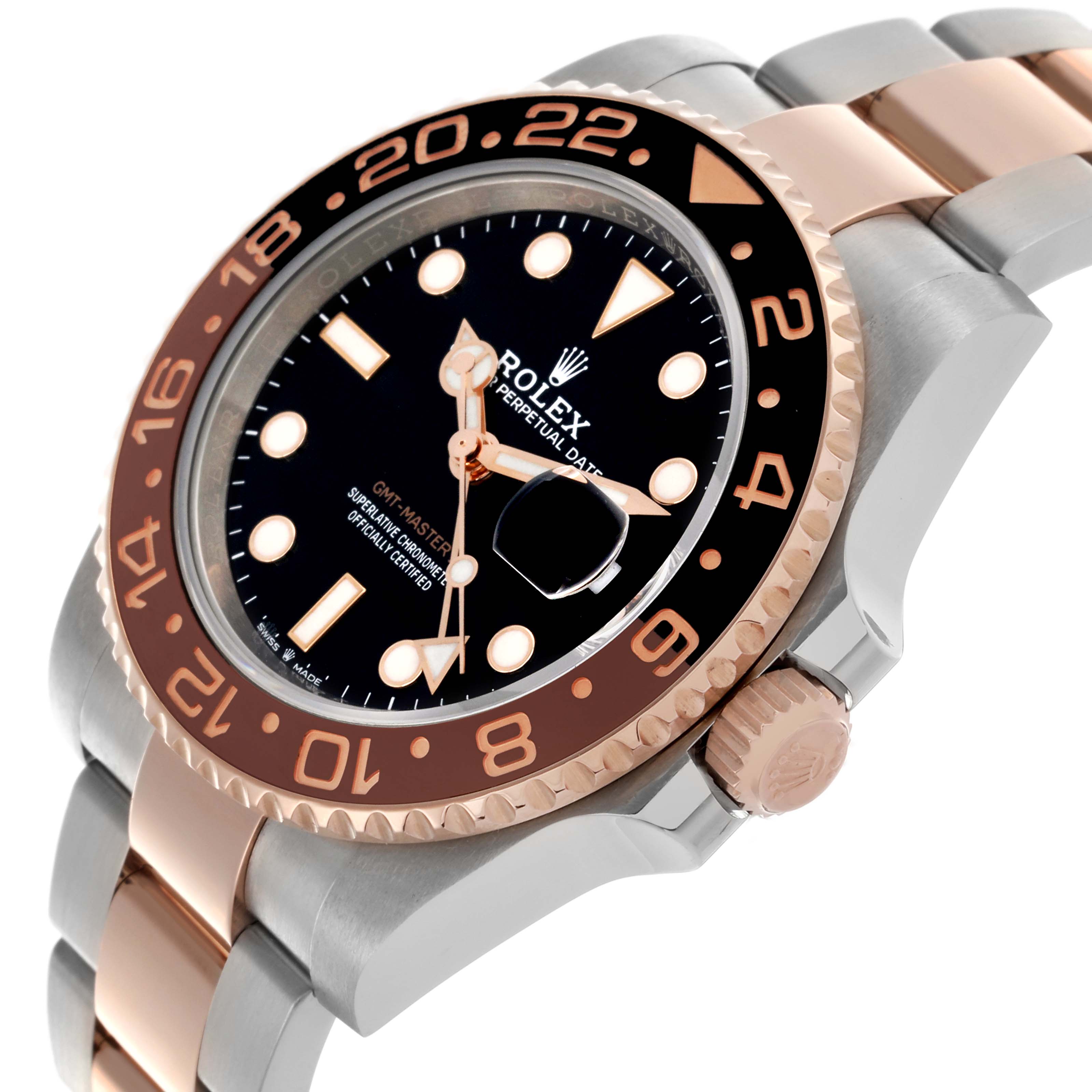 The Rolex GMT-Master 126711 Men's Steel and Gold (two tone) Black Dial 126711 Men's Steel and Gold (two tone) Black Dial watch is shown at an angled side view, highlighting the bezel, crown, and part of the bracelet.