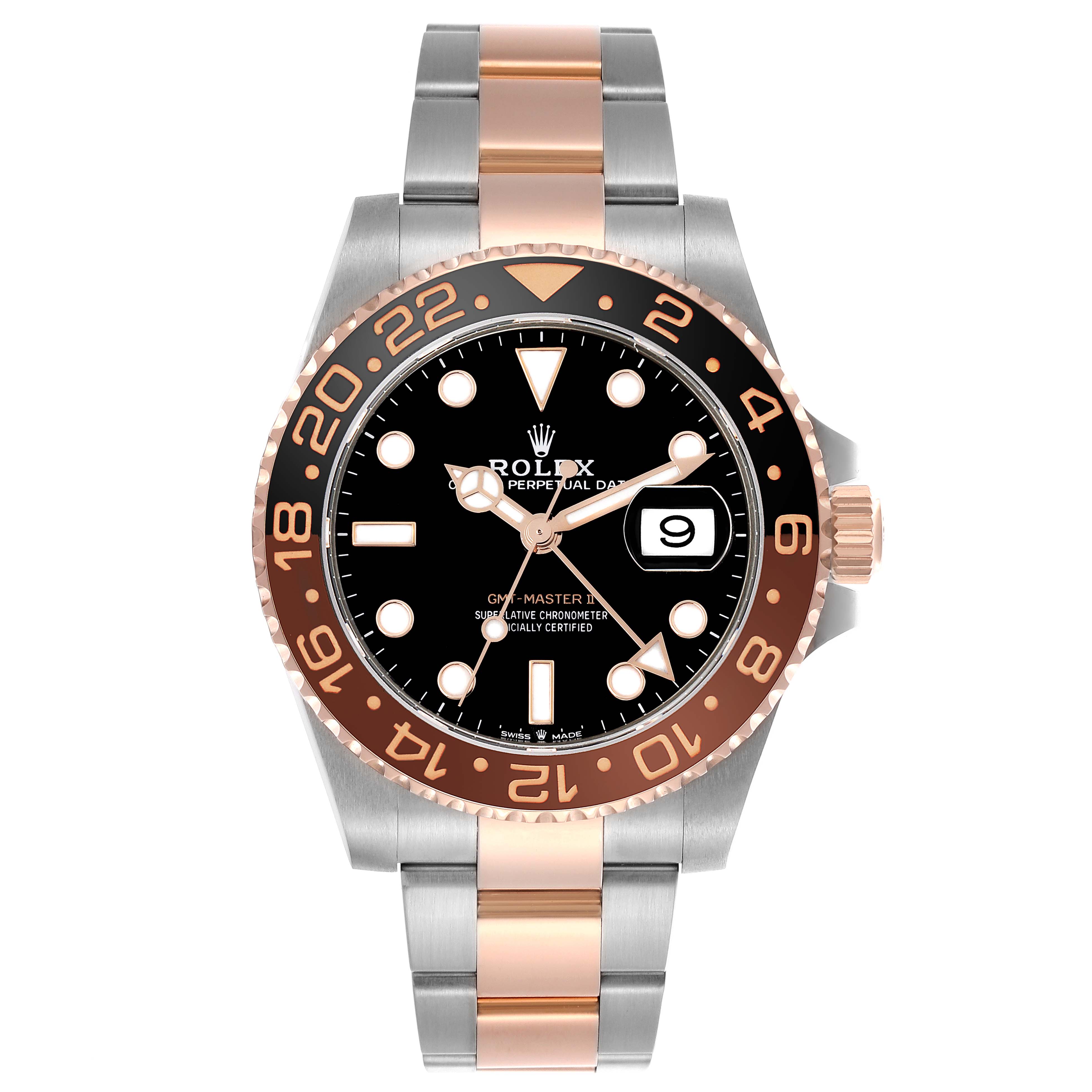 The Rolex GMT-Master 126711 Men's Steel and Gold (two tone) Black Dial 126711 Men's Steel and Gold (two tone) Black Dial watch is shown front-facing, highlighting the dial, bezel, and bracelet.