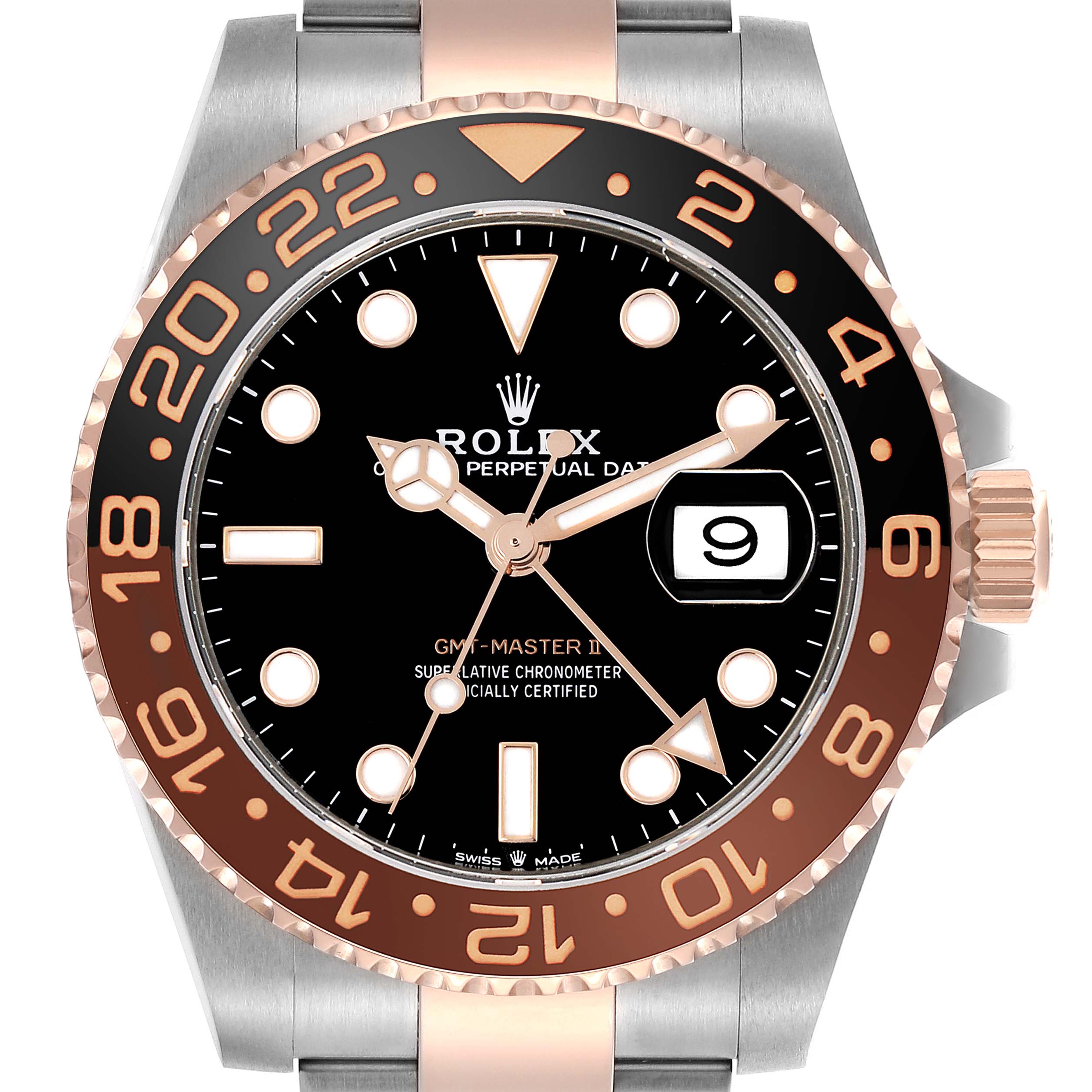 The Rolex GMT-Master 126711 Men's Steel and Gold (two tone) Black Dial 126711 Men's Steel and Gold (two tone) Black Dial watch is shown from a front angle, highlighting its dial, bezel, and crown.