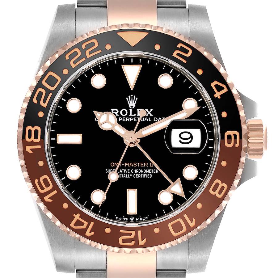 The Rolex GMT-Master watch is shown from a front angle, highlighting its dial, bezel, and crown.