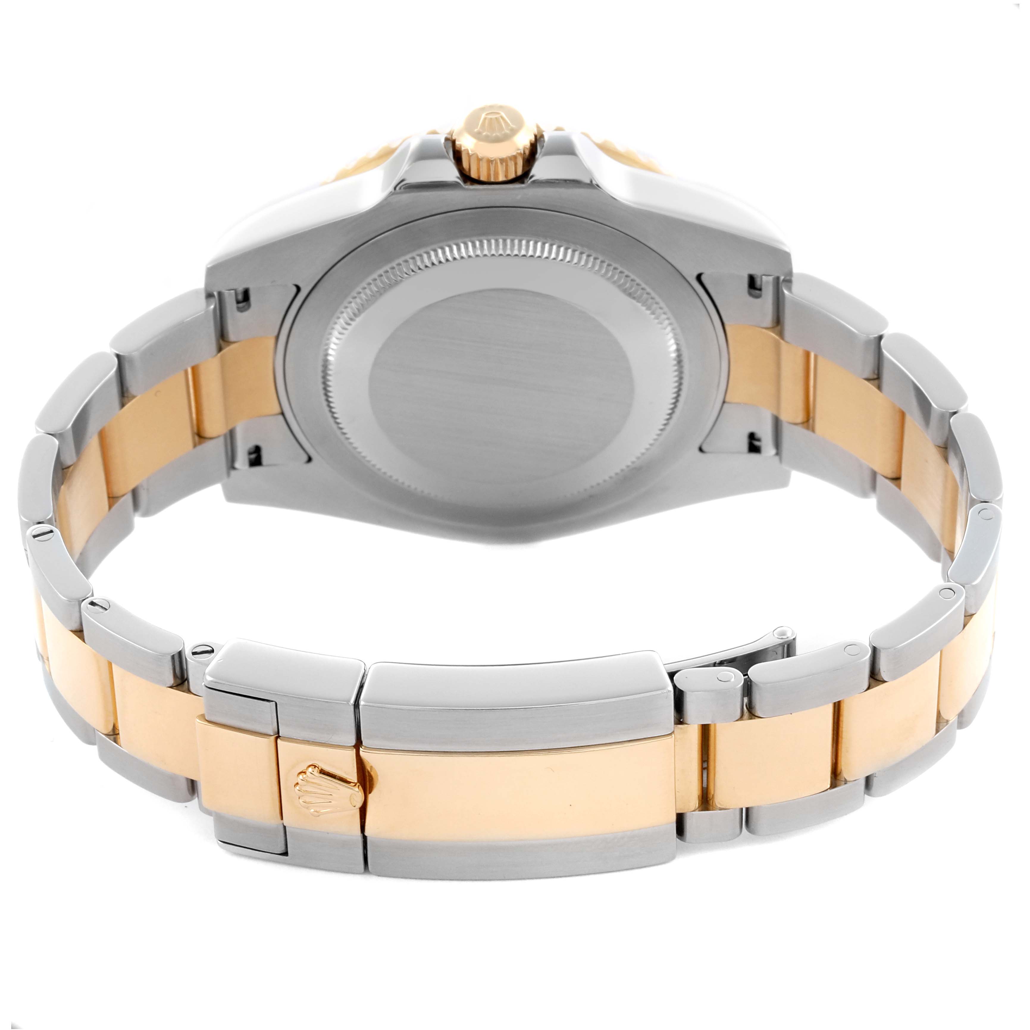 The image shows the back case and bracelet of a Rolex GMT-Master 116713LN Men's Steel and Gold (two tone) Black Dial 116713LN Men's Steel and Gold (two tone) Black Dial, viewed from behind.