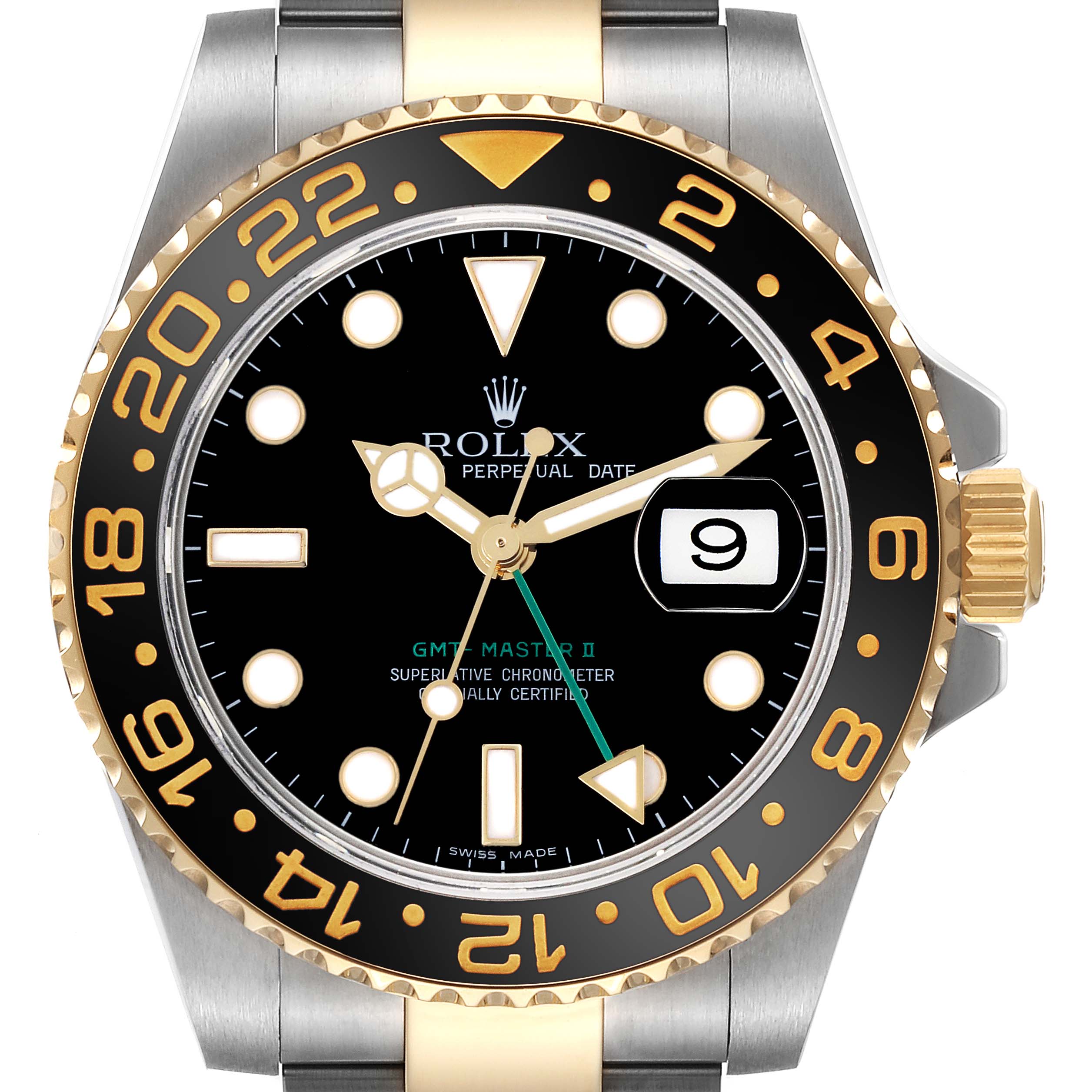 The Rolex GMT-Master 116713LN Men's Steel and Gold (two tone) Black Dial 116713LN Men's Steel and Gold (two tone) Black Dial II watch is shown from a straight-on view, highlighting the dial, bezel, and part of the bracelet.