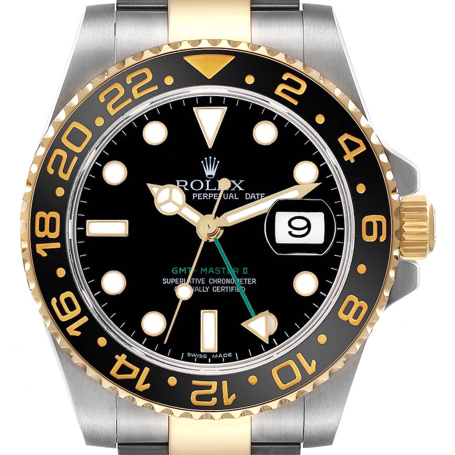 The Rolex GMT-Master II watch is shown from a straight-on view, highlighting the dial, bezel, and part of the bracelet.