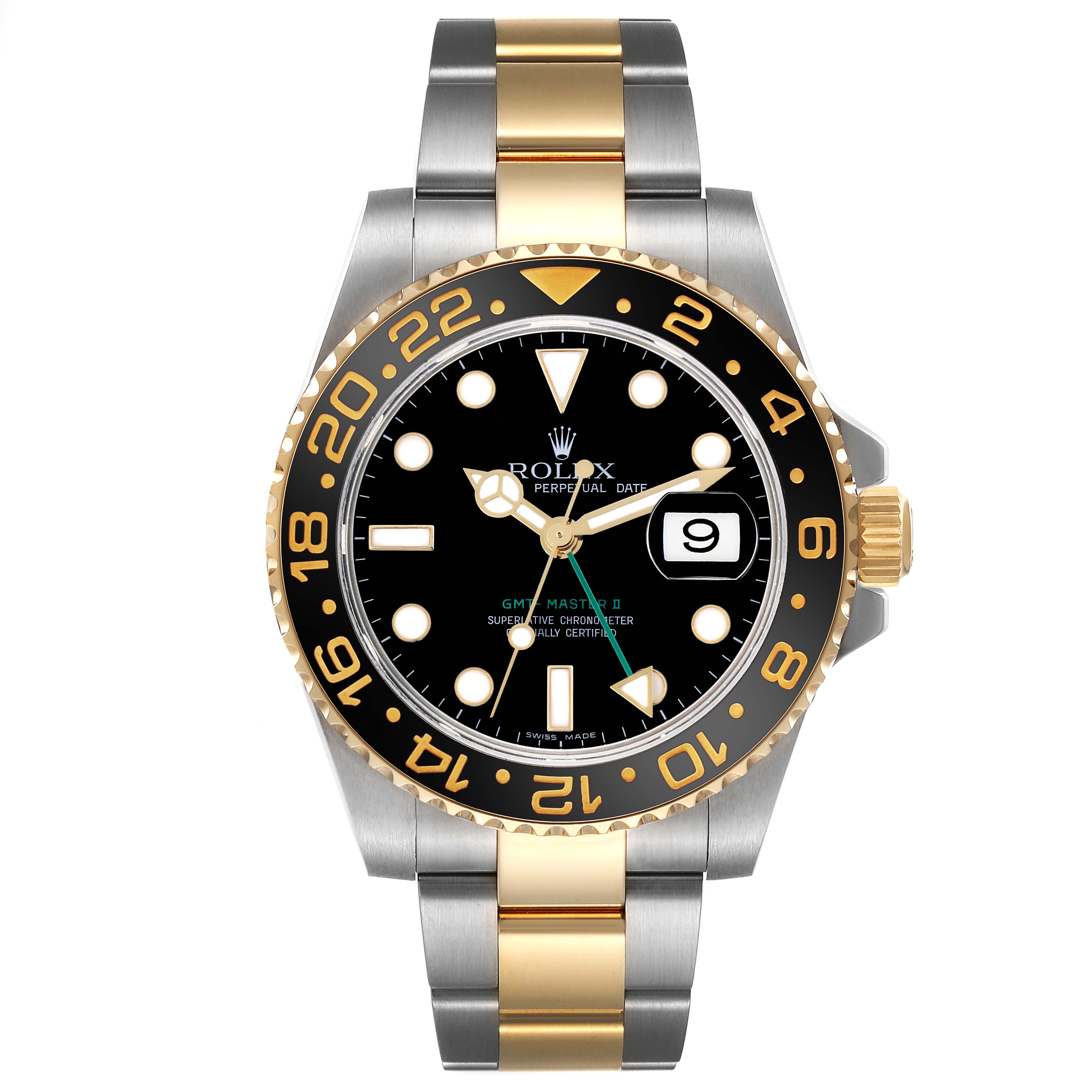 The Rolex GMT-Master 116713LN Men's Steel and Gold (two tone) Black Dial 116713LN Men's Steel and Gold (two tone) Black Dial II watch is shown from a front angle, displaying its bezel, dial, hands, and two-tone bracelet.