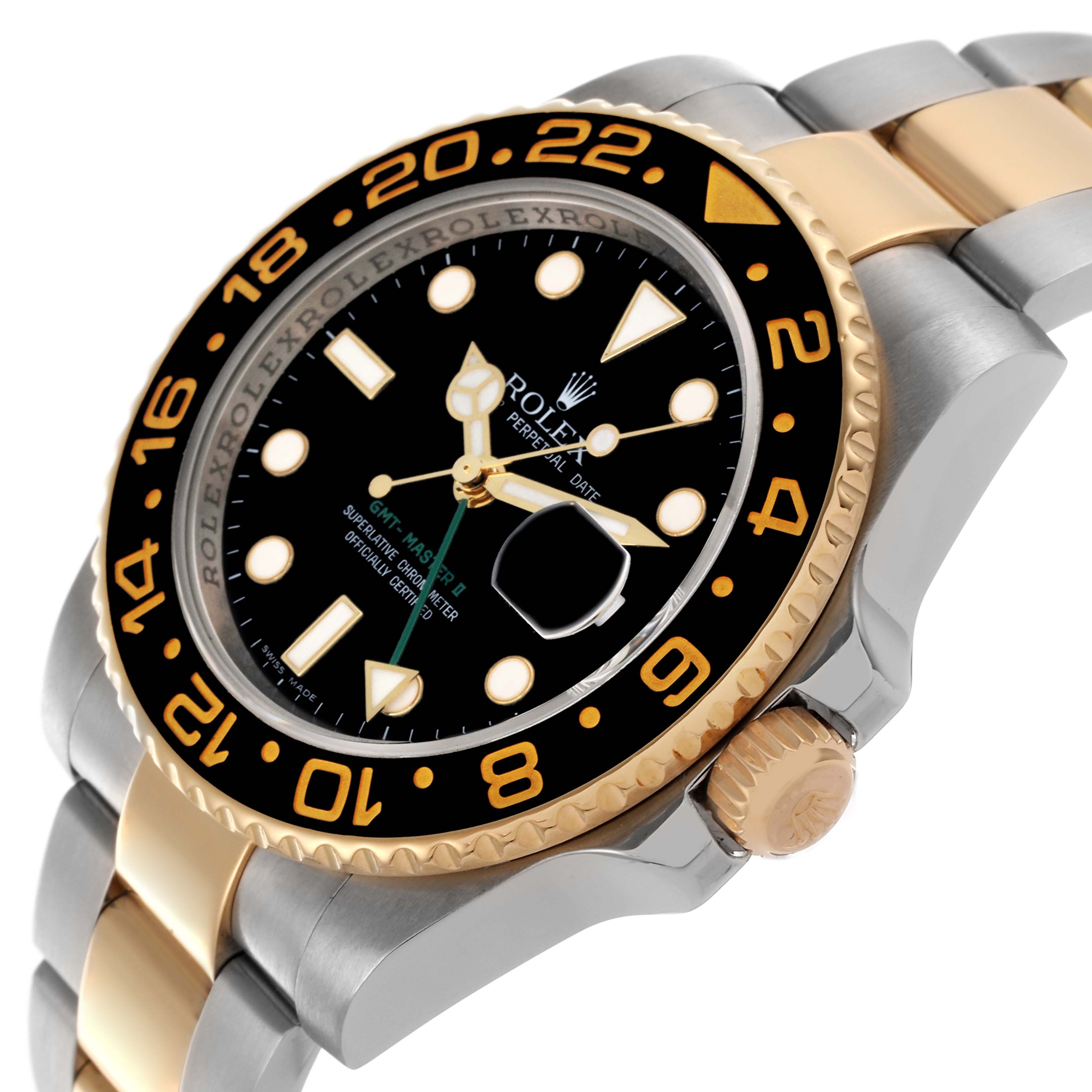 The Rolex GMT-Master 116713LN Men's Steel and Gold (two tone) Black Dial 116713LN Men's Steel and Gold (two tone) Black Dial watch is shown at a three-quarter angle featuring its dial, bezel, crown, and two-tone bracelet.