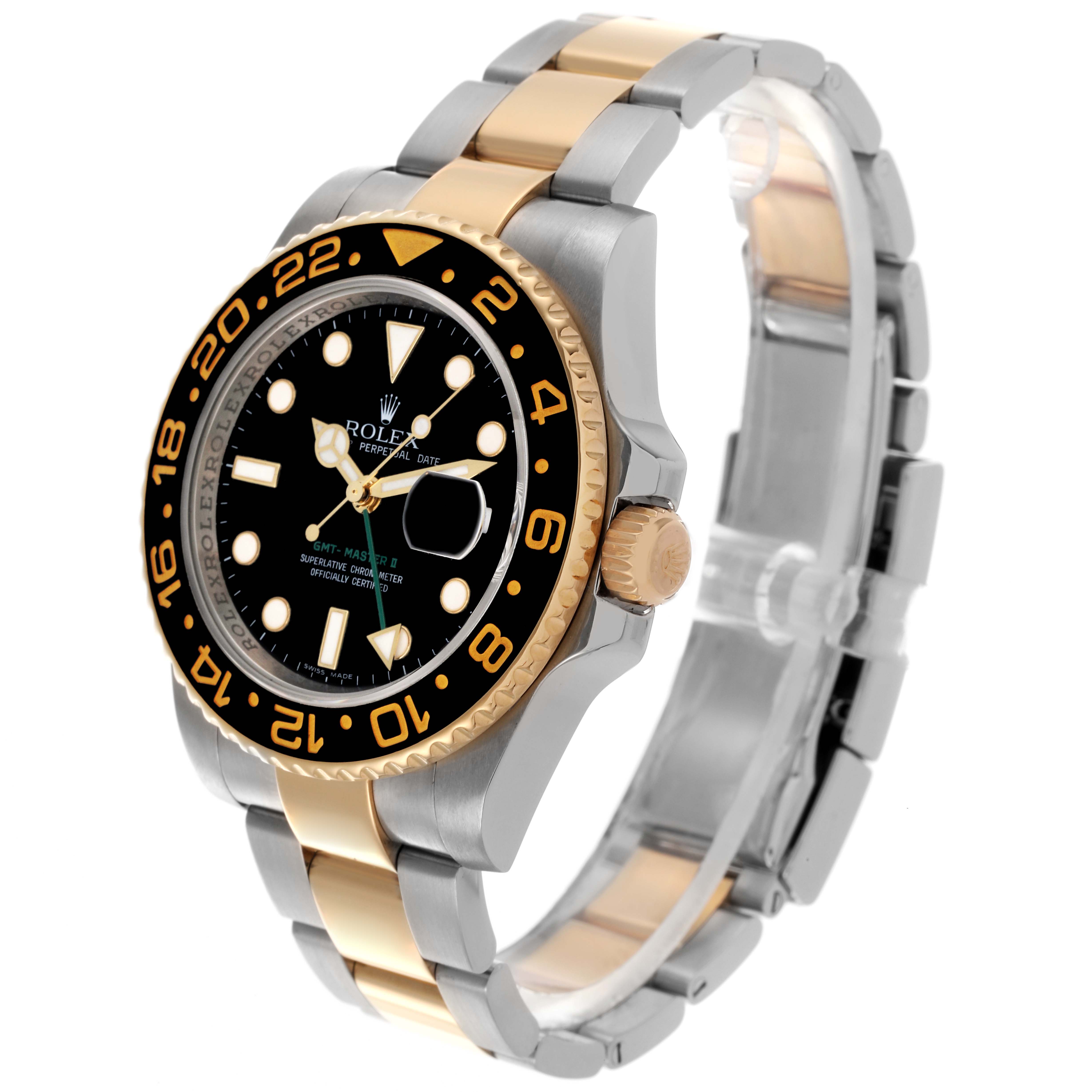 The Rolex GMT-Master 116713LN Men's Steel and Gold (two tone) Black Dial 116713LN Men's Steel and Gold (two tone) Black Dial watch is shown from a three-quarter angle, displaying the face, bezel, crown, and two-tone bracelet.