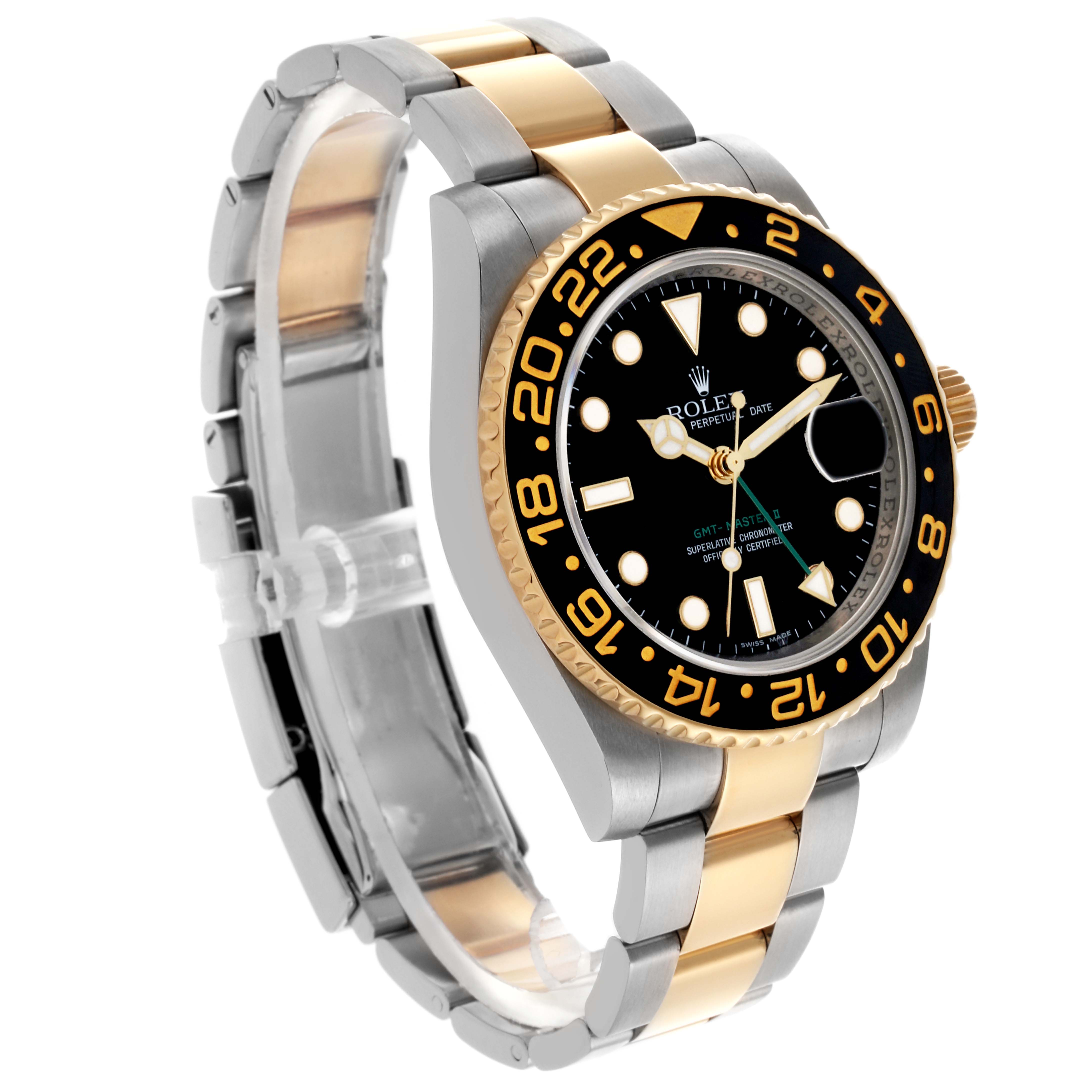 The Rolex GMT-Master 116713LN Men's Steel and Gold (two tone) Black Dial 116713LN Men's Steel and Gold (two tone) Black Dial watch is shown at a three-quarter angle, highlighting its bezel, dial, and two-tone bracelet.