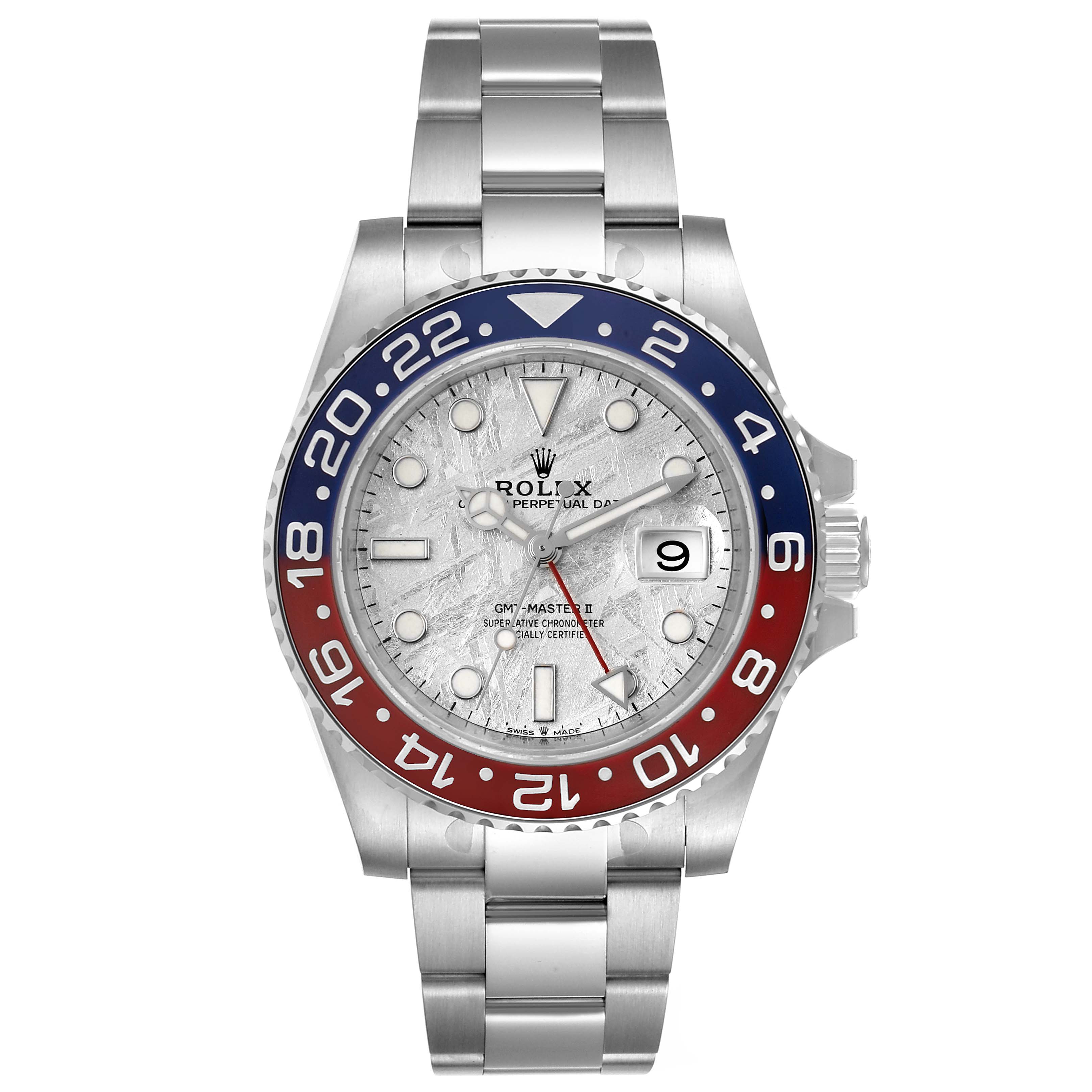 This image shows a front view of the Rolex GMT-Master 126719 Men's White Gold Silver Dial 126719 Men's White Gold Silver Dial watch displaying its dial, bezel, and bracelet.