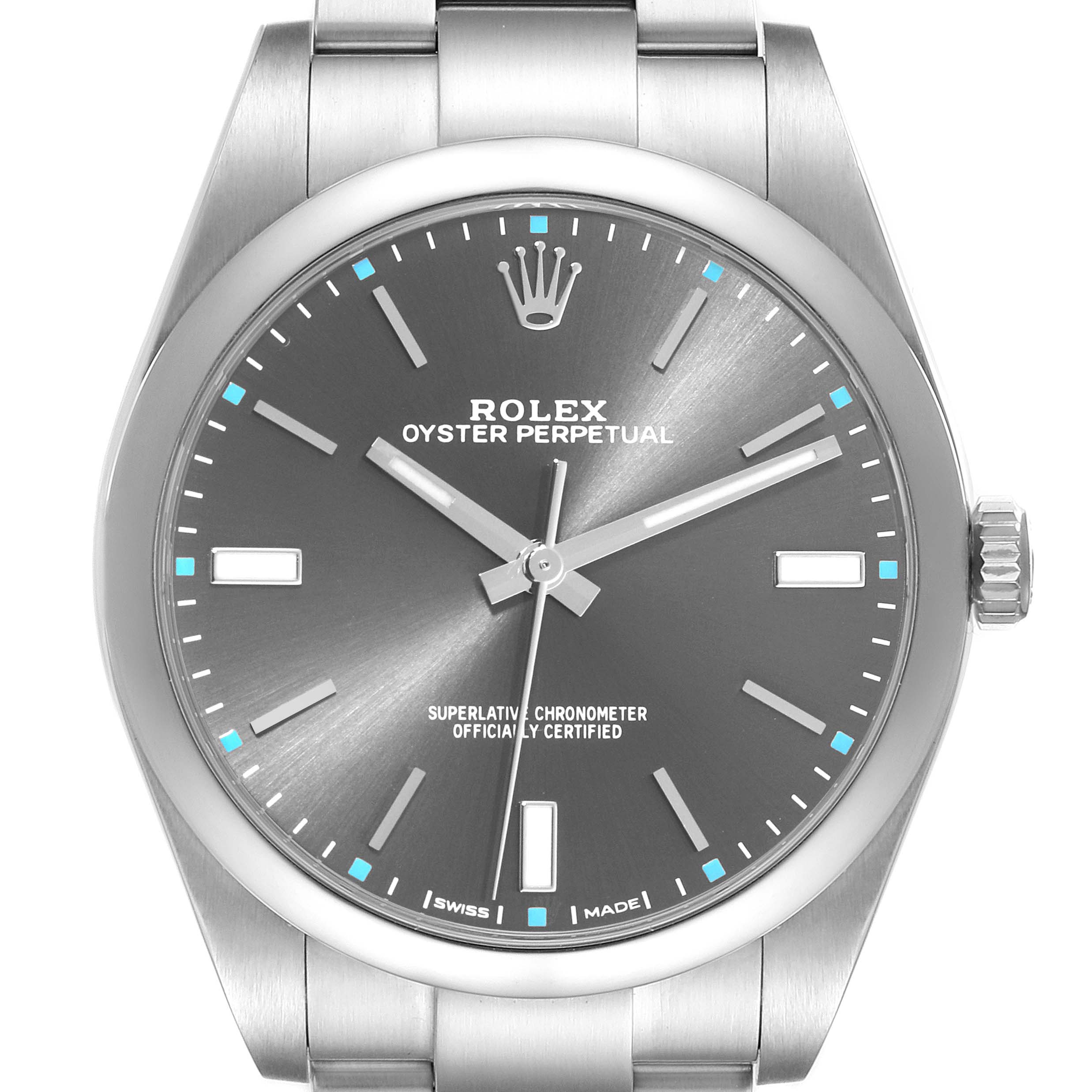 This image shows a front view of a Rolex Oyster Perpetual 114300 Men's Stainless Steel Grey Dial 114300 Men's Stainless Steel Grey Dial watch, highlighting the face, crown, and bracelet.