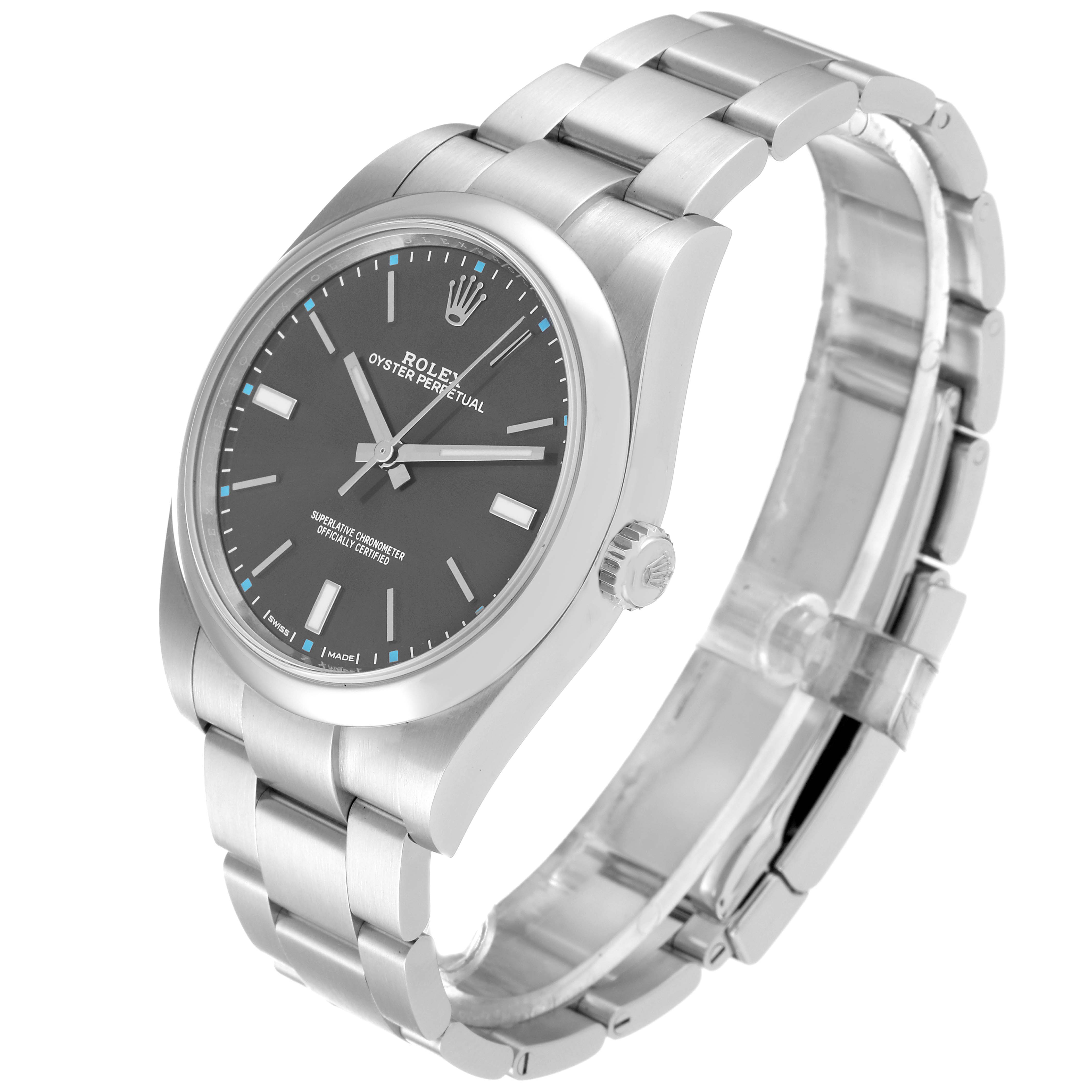 The image shows a Rolex Oyster Perpetual 114300 Men's Stainless Steel Grey Dial 114300 Men's Stainless Steel Grey Dial watch at a slight angle, highlighting the face, bezel, crown, and part of the bracelet.