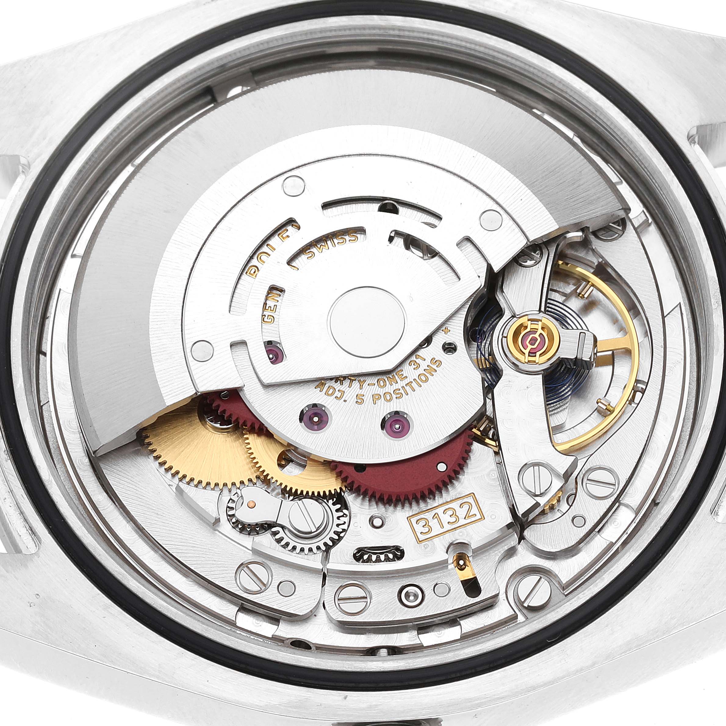 This image shows the intricate internal mechanism of a Rolex Oyster Perpetual 114300 Men's Stainless Steel Grey Dial 114300 Men's Stainless Steel Grey Dial watch from a top-down angle.