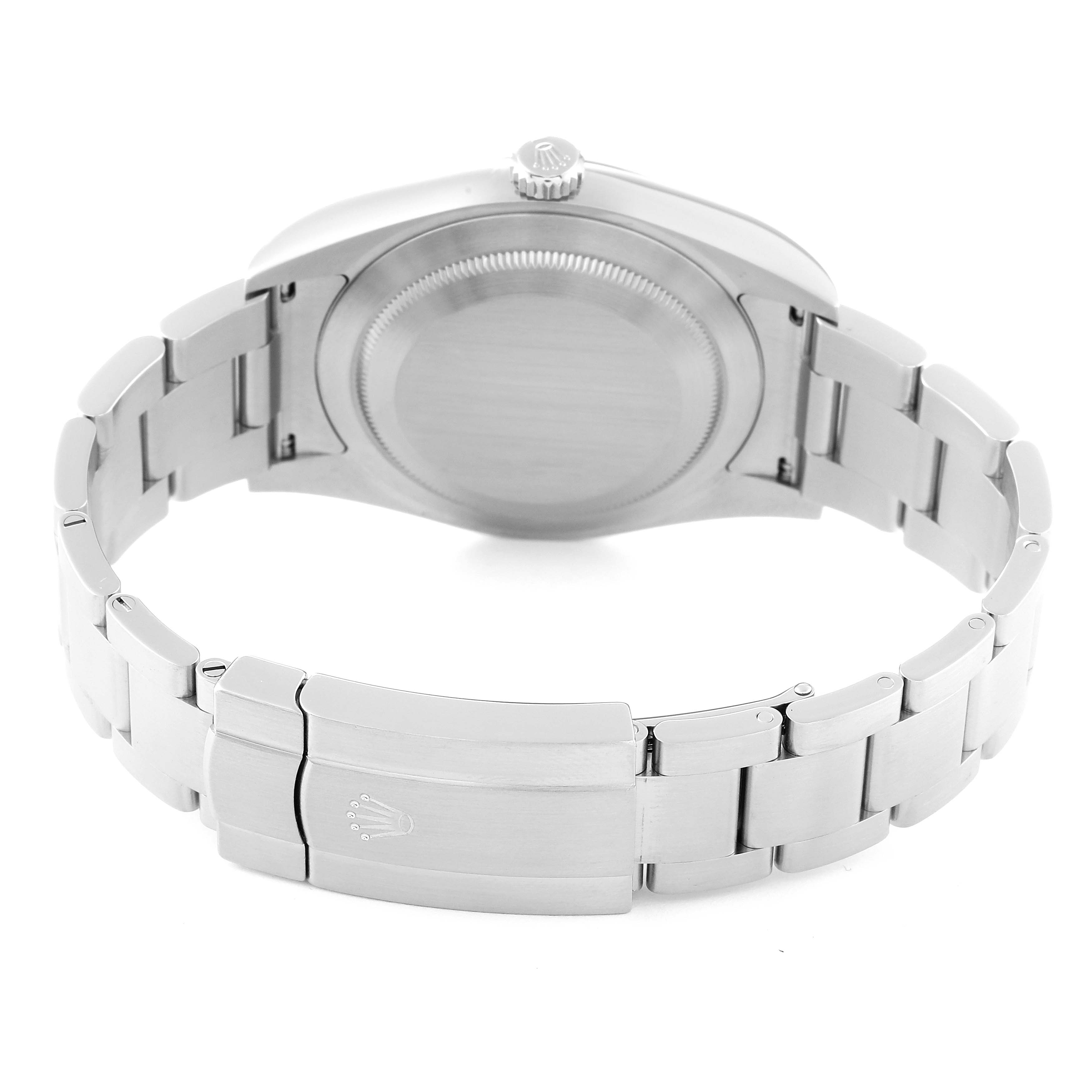 This image shows the back view of the Rolex Oyster Perpetual 114300 Men's Stainless Steel Grey Dial 114300 Men's Stainless Steel Grey Dial watch, highlighting the bracelet and the clasp.