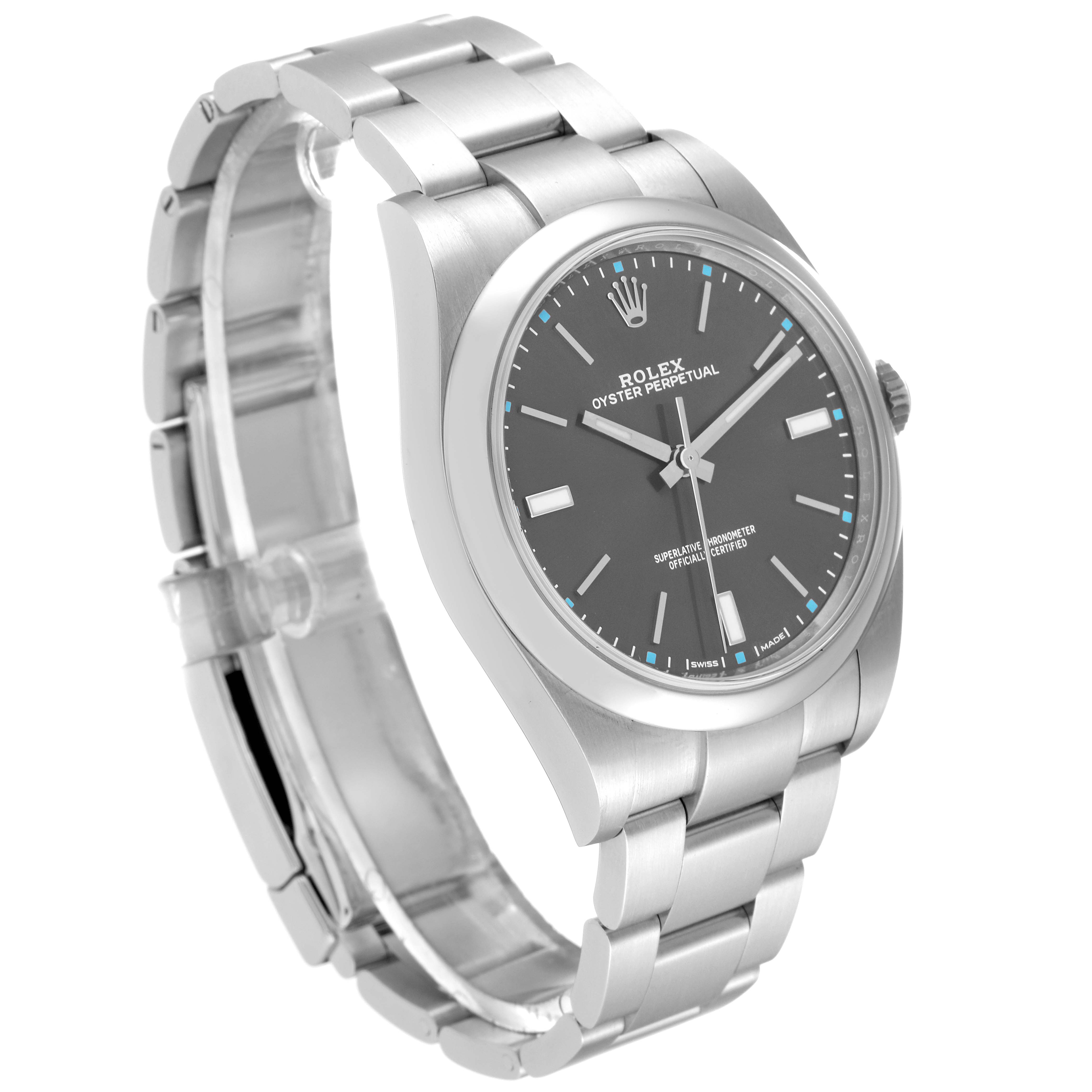 The image shows a side angle of a Rolex Oyster Perpetual 114300 Men's Stainless Steel Grey Dial 114300 Men's Stainless Steel Grey Dial, highlighting its stainless steel case, bracelet, and black dial.