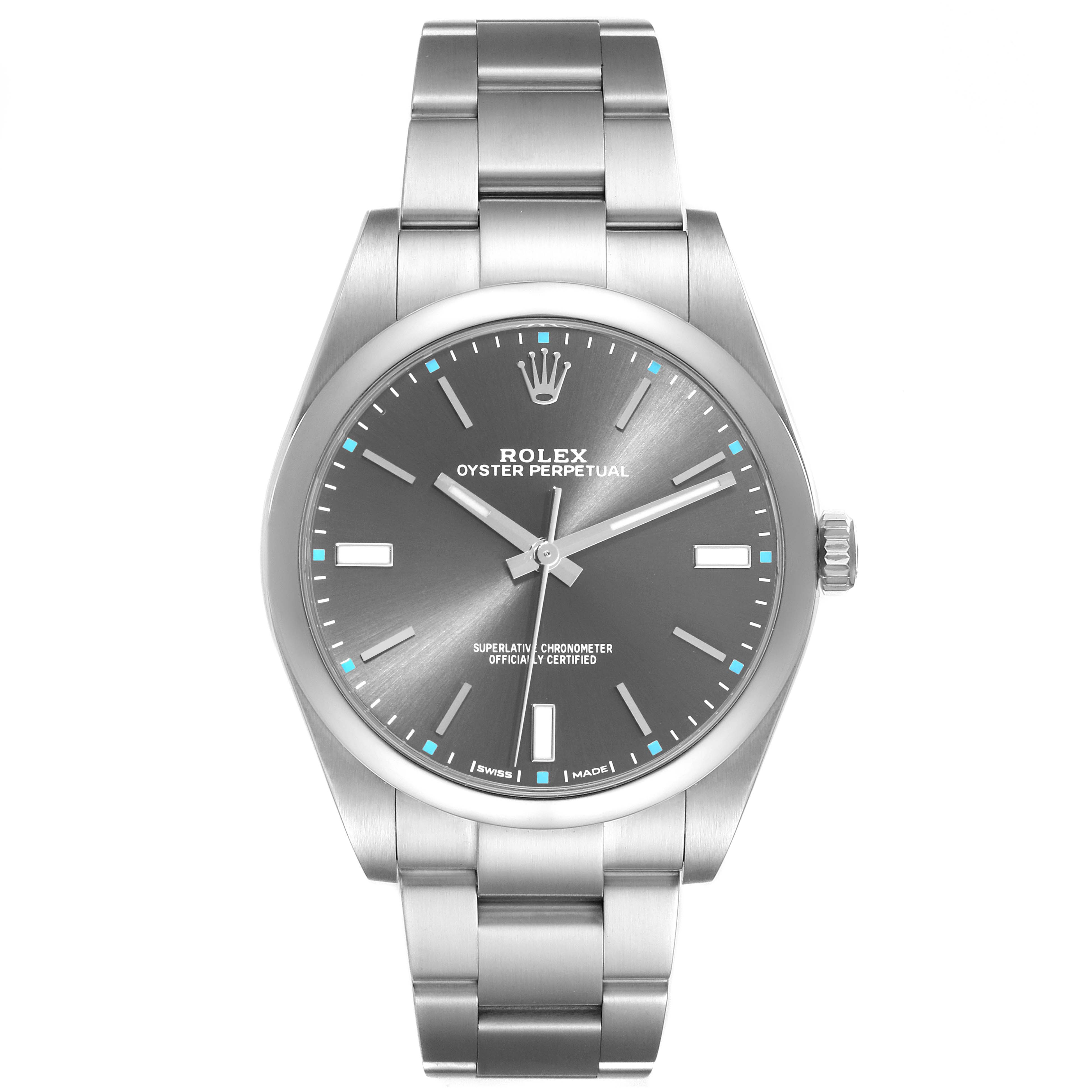 This image shows a frontal view of a Rolex Oyster Perpetual 114300 Men's Stainless Steel Grey Dial 114300 Men's Stainless Steel Grey Dial watch, displaying its face, bezel, crown, and bracelet.