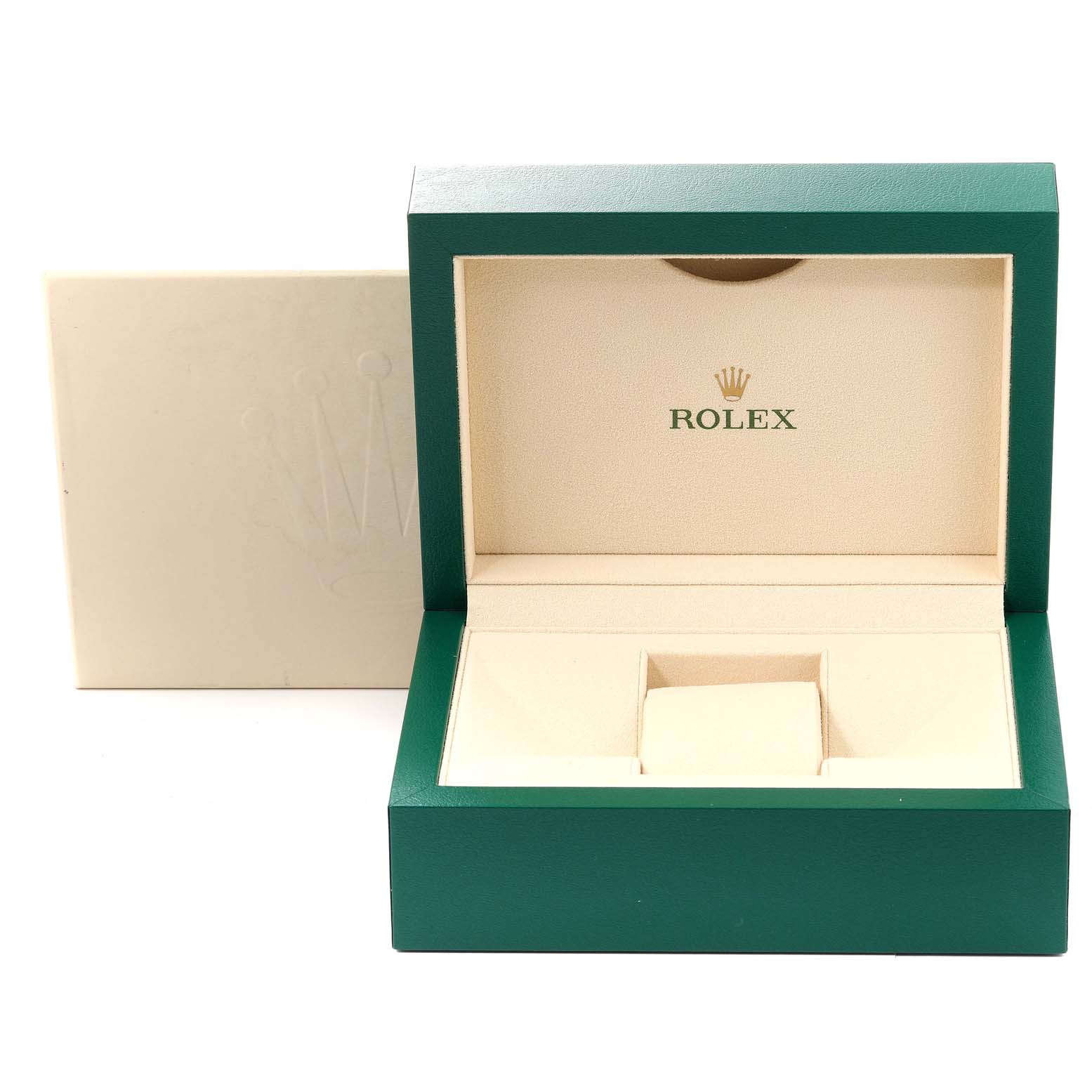 The image shows an empty green and beige Rolex watch box for the Oyster Perpetual model, viewed from the front with the lid open.