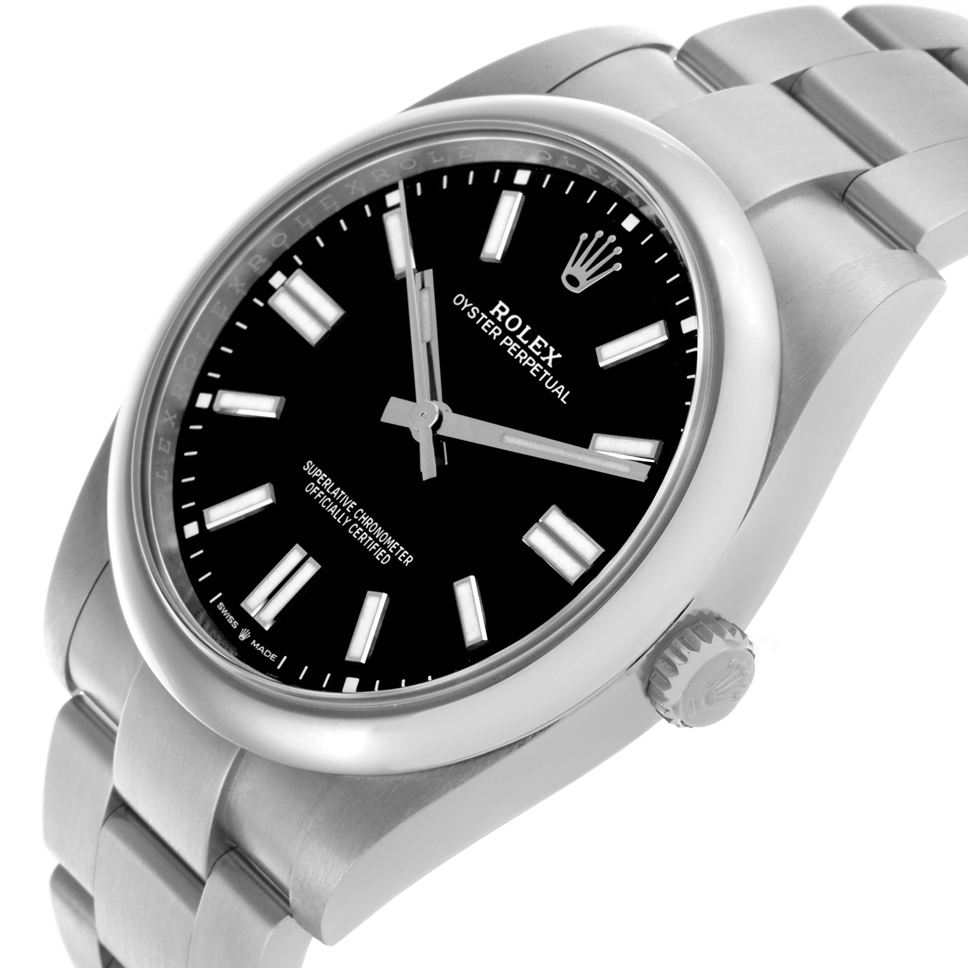 The Rolex Oyster Perpetual 124300 Men
s Stainless Steel Black Dial 124300 Men
s Stainless Steel Black Dial watch is shown at a slight side angle, highlighting the black dial, crown, and stainless steel bracelet.