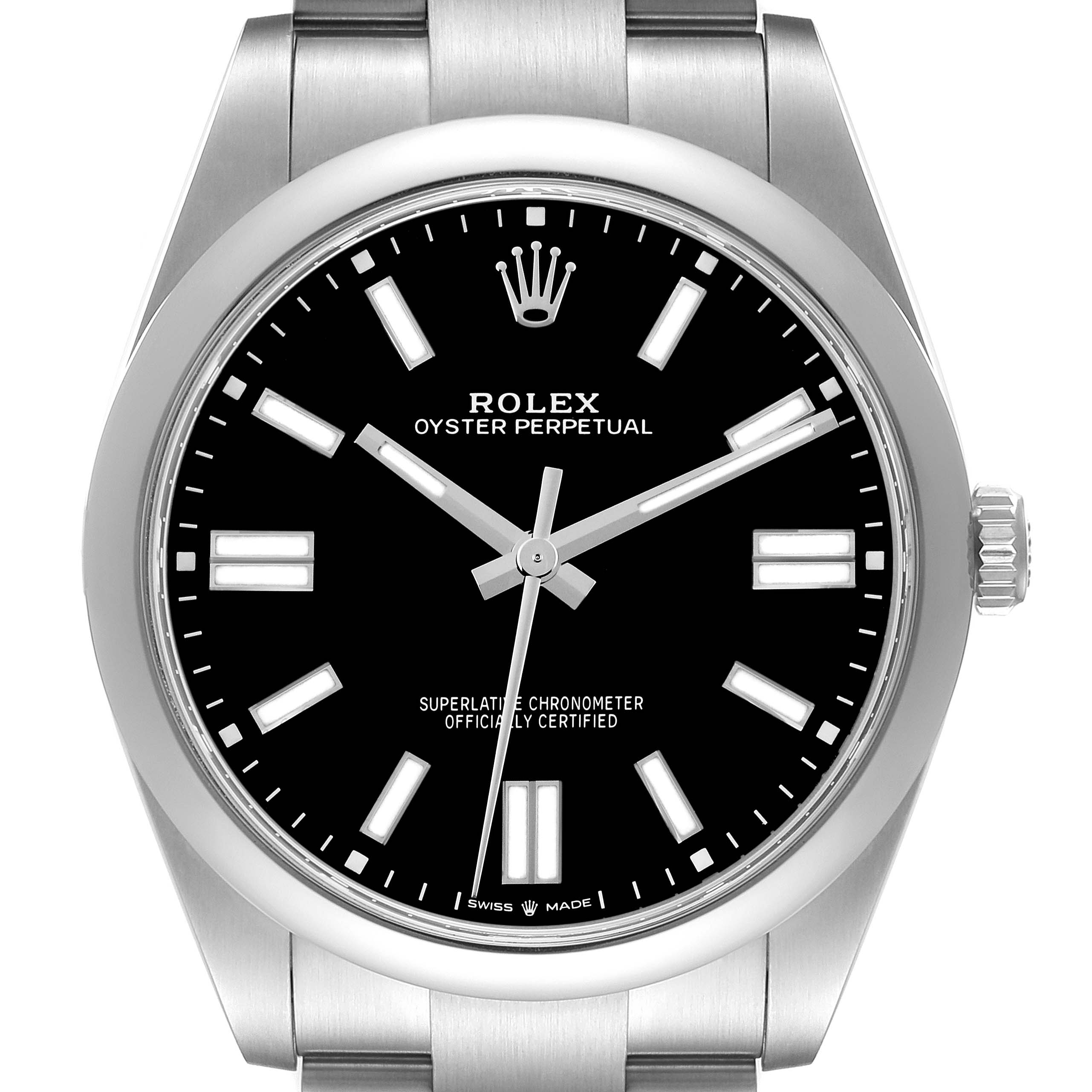 The image shows a front view of a Rolex Oyster Perpetual 124300 Men
s Stainless Steel Black Dial 124300 Men
s Stainless Steel Black Dial watch, highlighting the dial, bezel, and part of the bracelet.