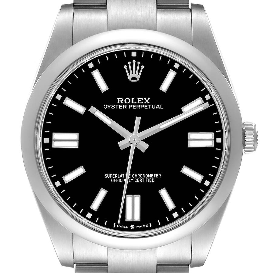 The image shows a front view of a Rolex Oyster Perpetual watch, highlighting the dial, bezel, and part of the bracelet.