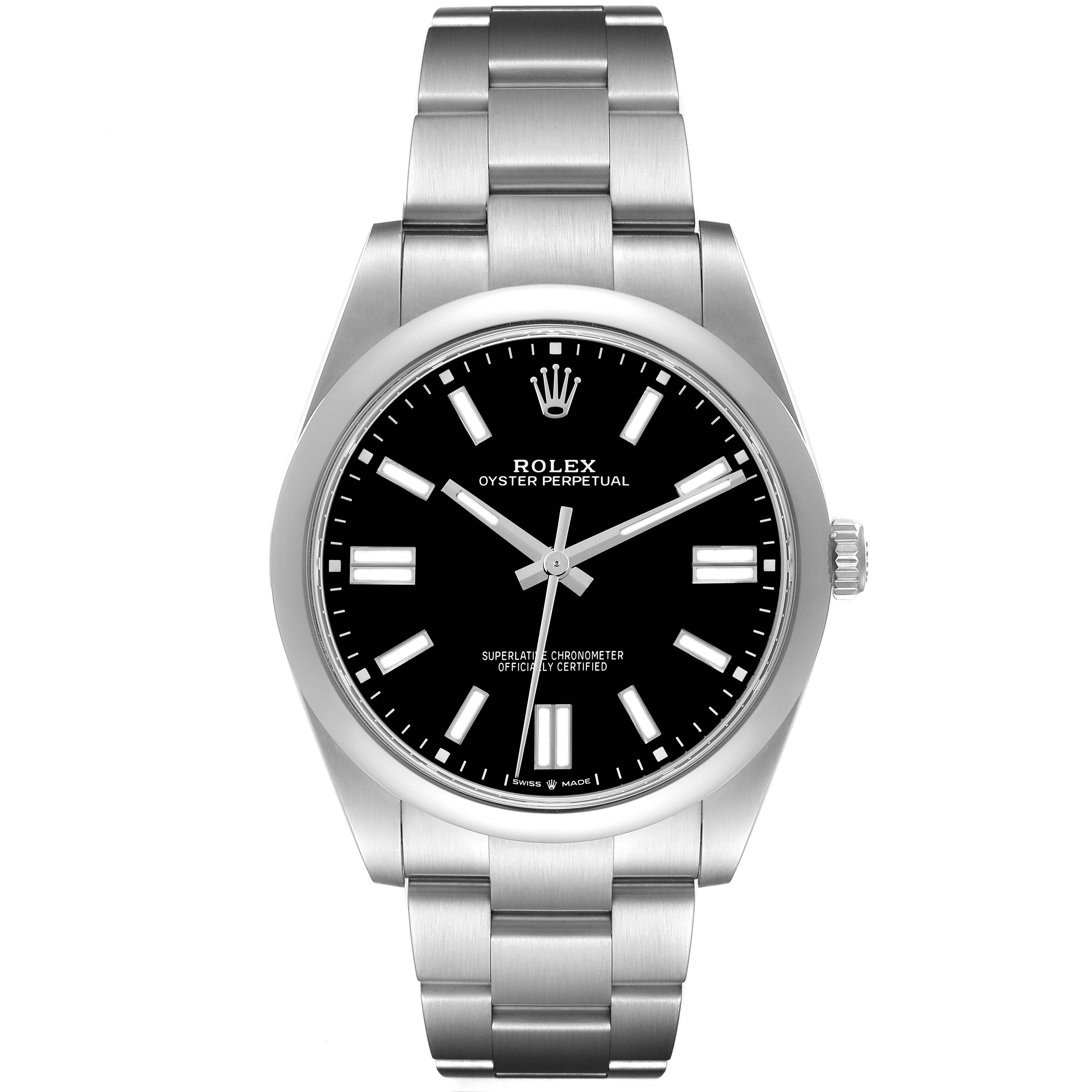 The Rolex Oyster Perpetual 124300 Men
s Stainless Steel Black Dial 124300 Men
s Stainless Steel Black Dial watch is shown from a front angle, displaying the dial, bracelet, and crown.