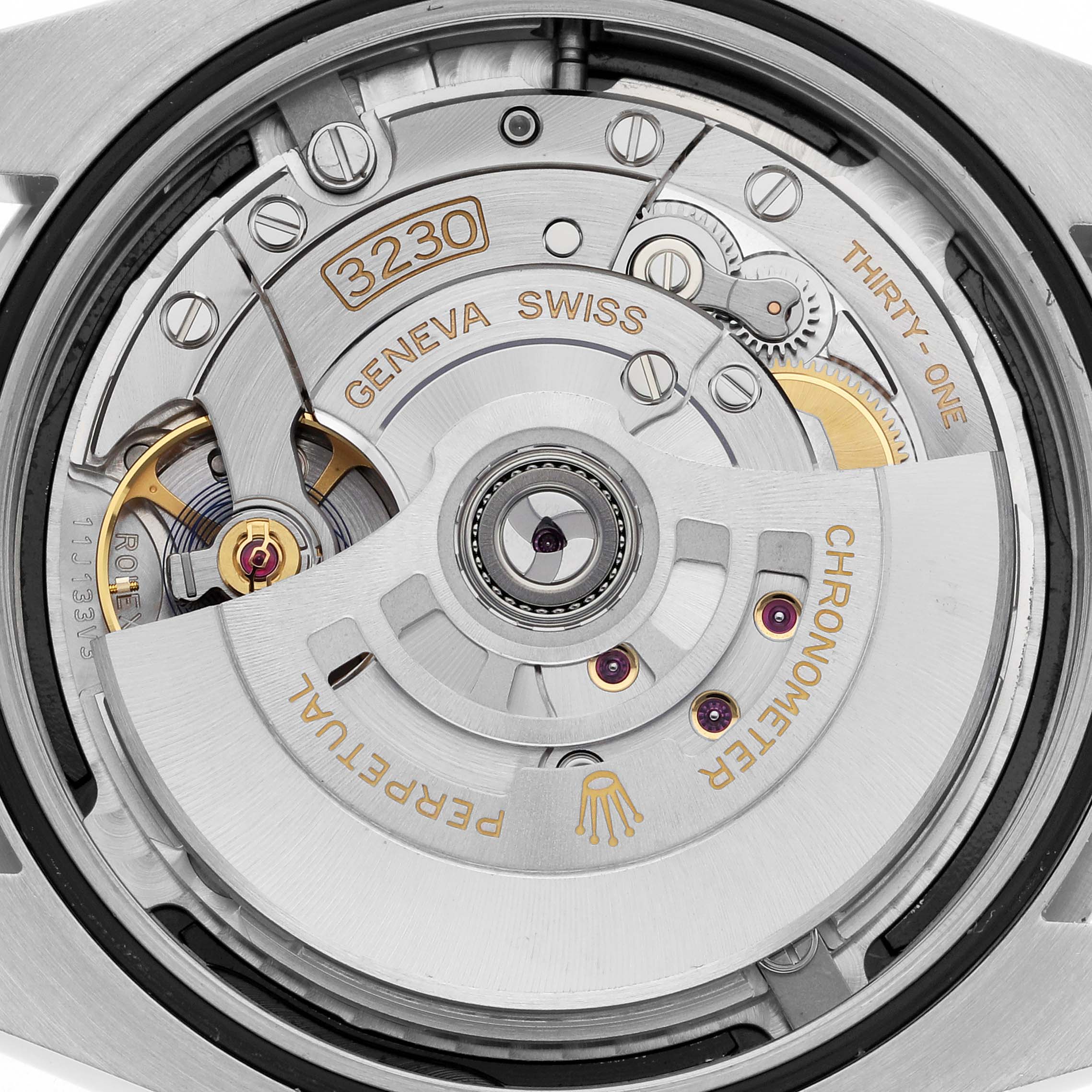 The image shows a close-up of the Rolex Oyster Perpetual 124300 Men
s Stainless Steel Black Dial 124300 Men
s Stainless Steel Black Dial
s movement, revealing the intricate gears and rotor.