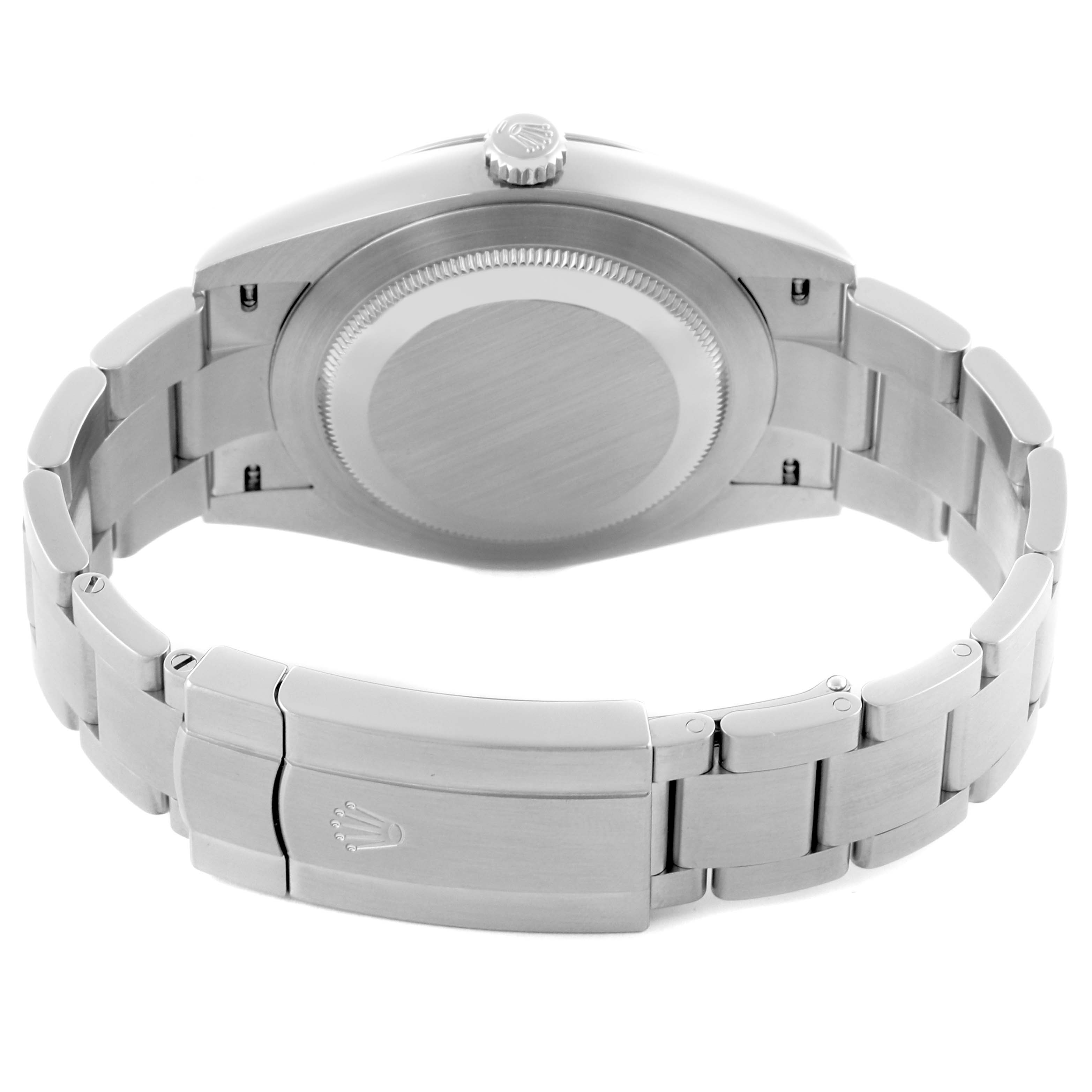 The Rolex Oyster Perpetual 124300 Men
s Stainless Steel Black Dial 124300 Men
s Stainless Steel Black Dial watch is shown from the back, highlighting the case back and bracelet with a focus on the clasp.