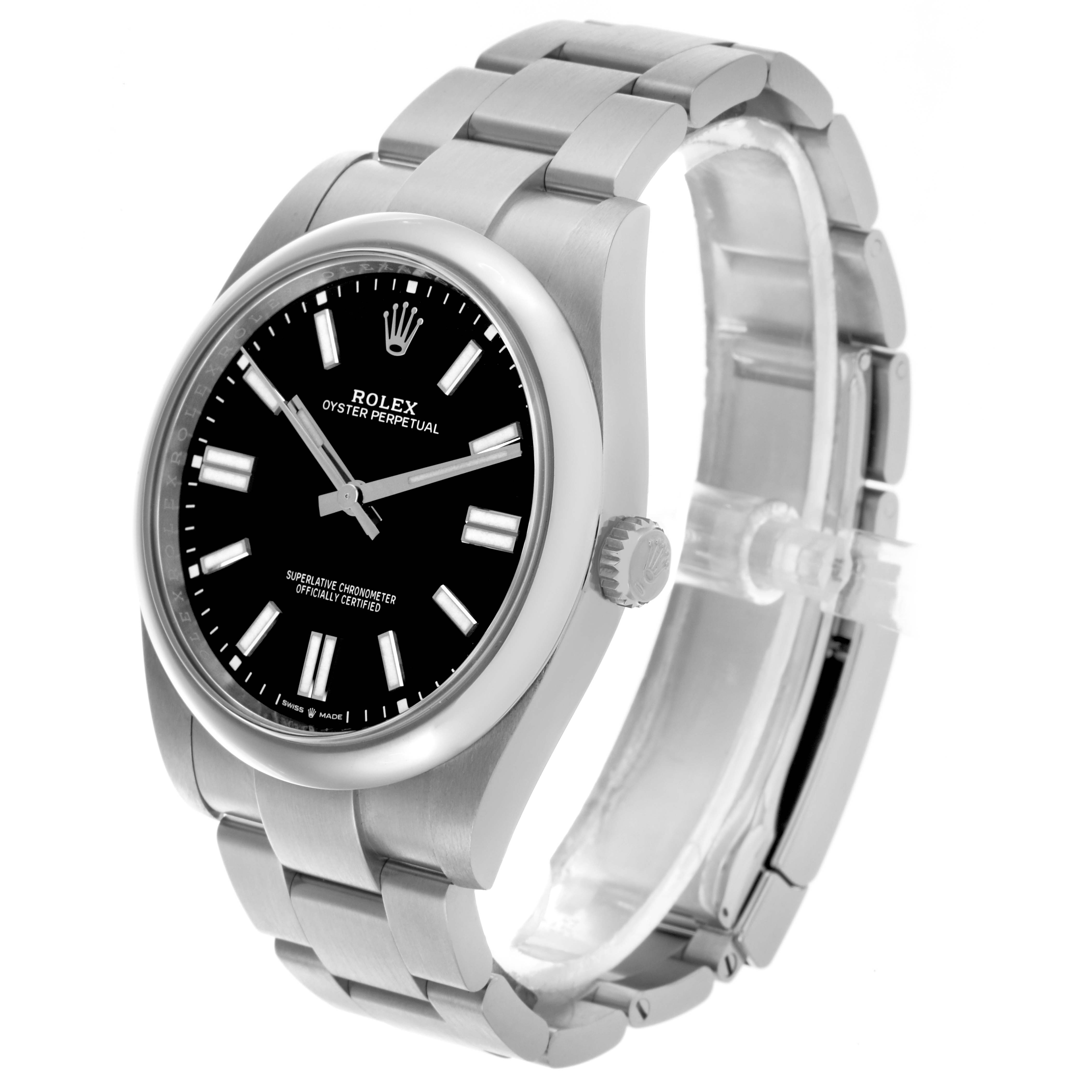 The image shows a Rolex Oyster Perpetual 124300 Men
s Stainless Steel Black Dial 124300 Men
s Stainless Steel Black Dial watch at a three-quarter angle, highlighting its dial, bezel, and bracelet.