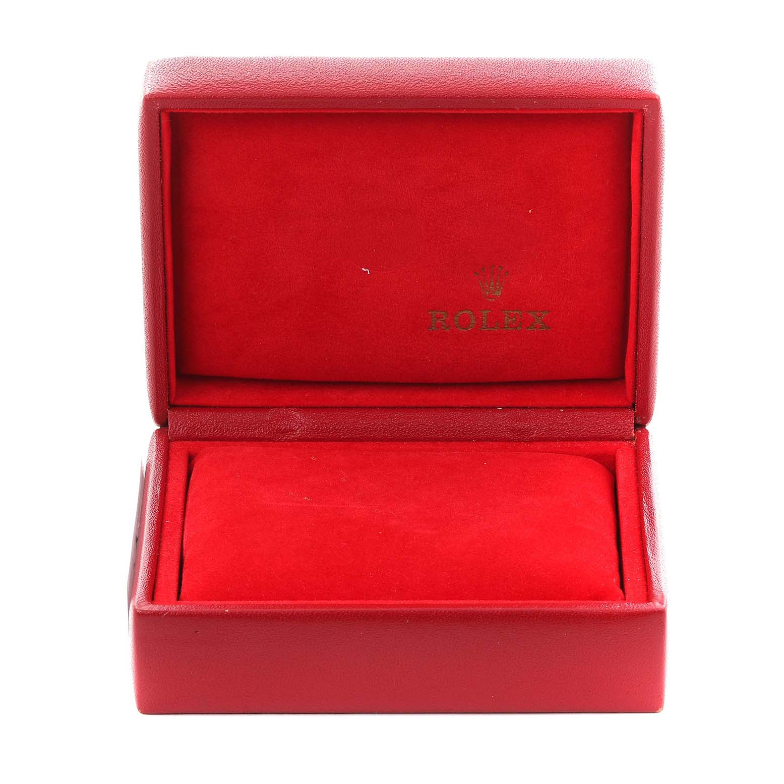 This image shows an open red box, likely for a Rolex Oyster Perpetual 76094 Women's Stainless Steel Black Dial 76094 Women's Stainless Steel Black Dial, with the brand logo inside the lid.