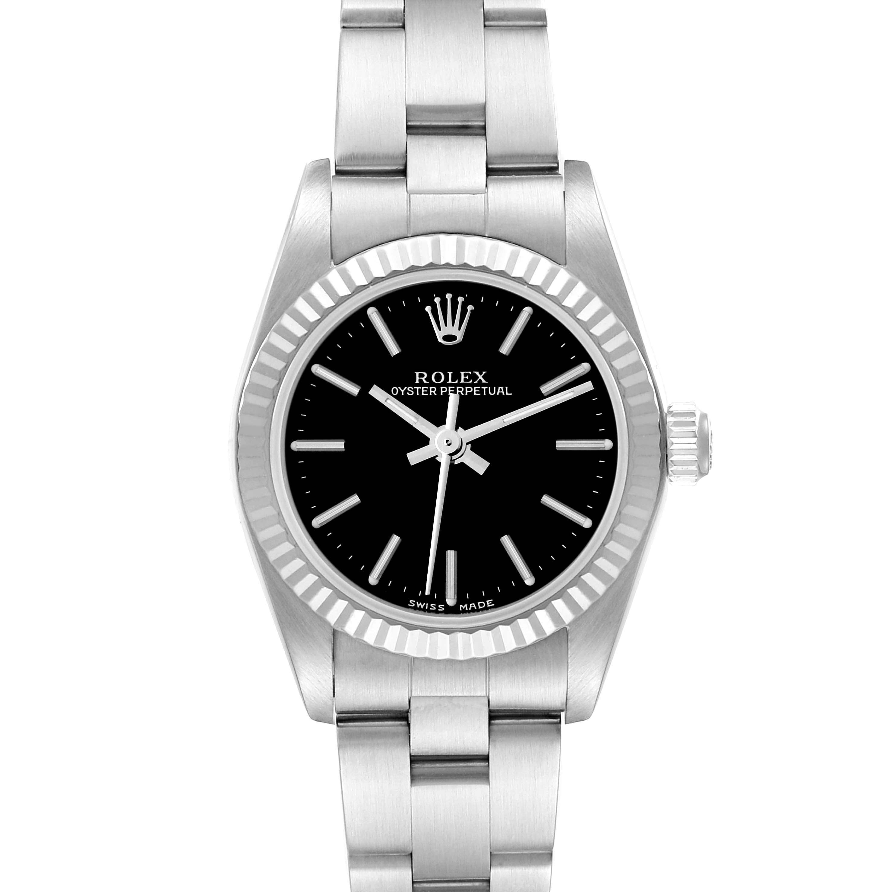 The Rolex Oyster Perpetual 76094 Women's Stainless Steel Black Dial 76094 Women's Stainless Steel Black Dial watch is shown from a top view, displaying the face, bezel, crown, and part of the bracelet.