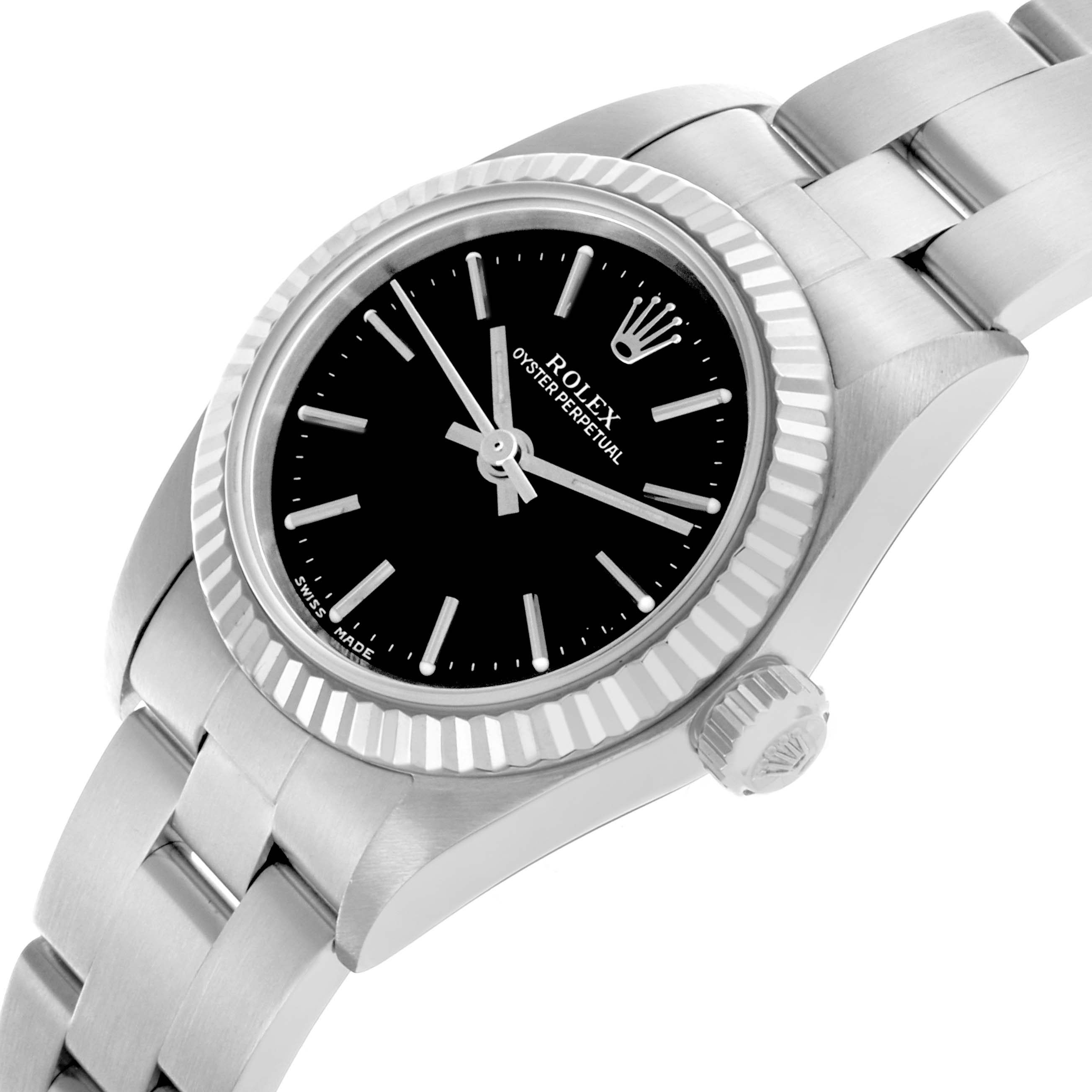 The Rolex Oyster Perpetual 76094 Women's Stainless Steel Black Dial 76094 Women's Stainless Steel Black Dial watch is shown at a side angle, highlighting the bezel, crown, dial, and part of the bracelet.