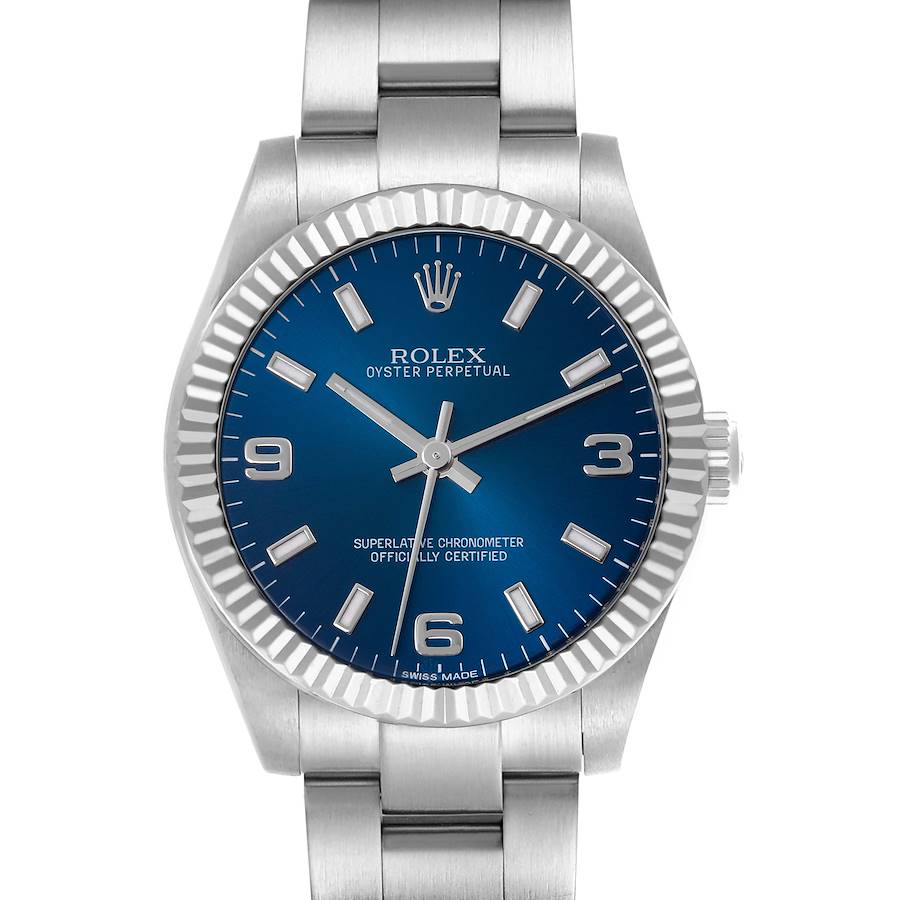 The Rolex Mid-Size Oyster Perpetual is shown from a front angle, displaying the watch face, bezel, and part of the bracelet.