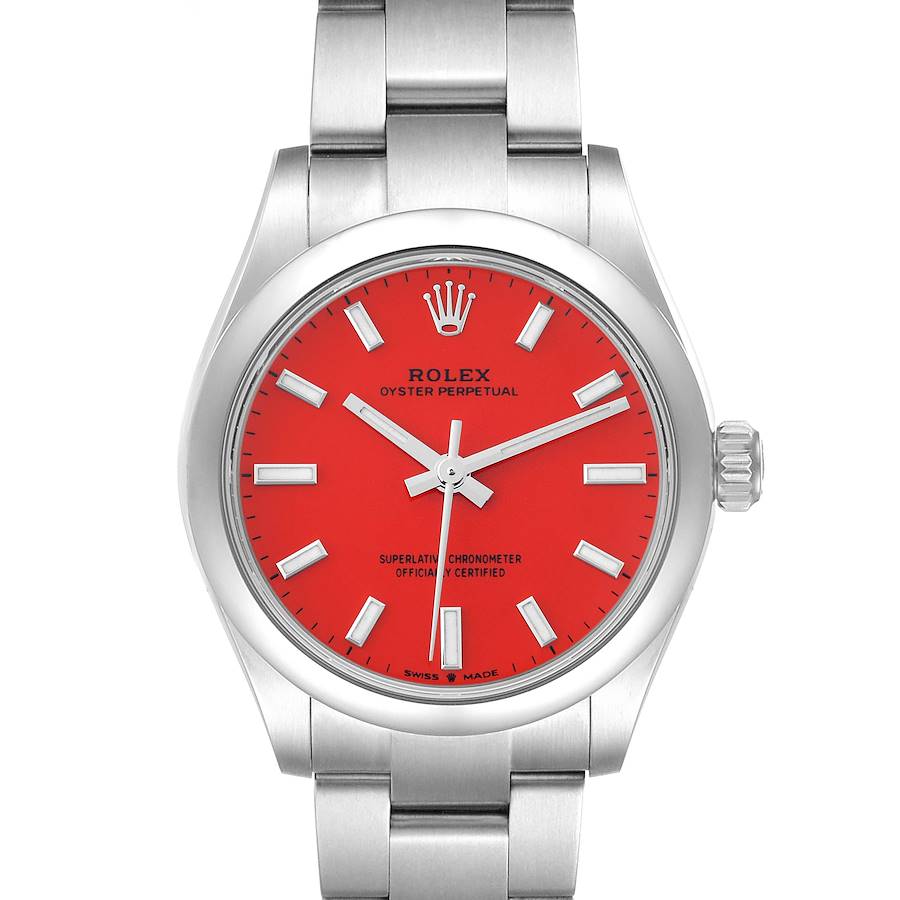 The image shows a frontal view of the Rolex Oyster Perpetual Mid-Size watch with a red dial and silver bracelet.