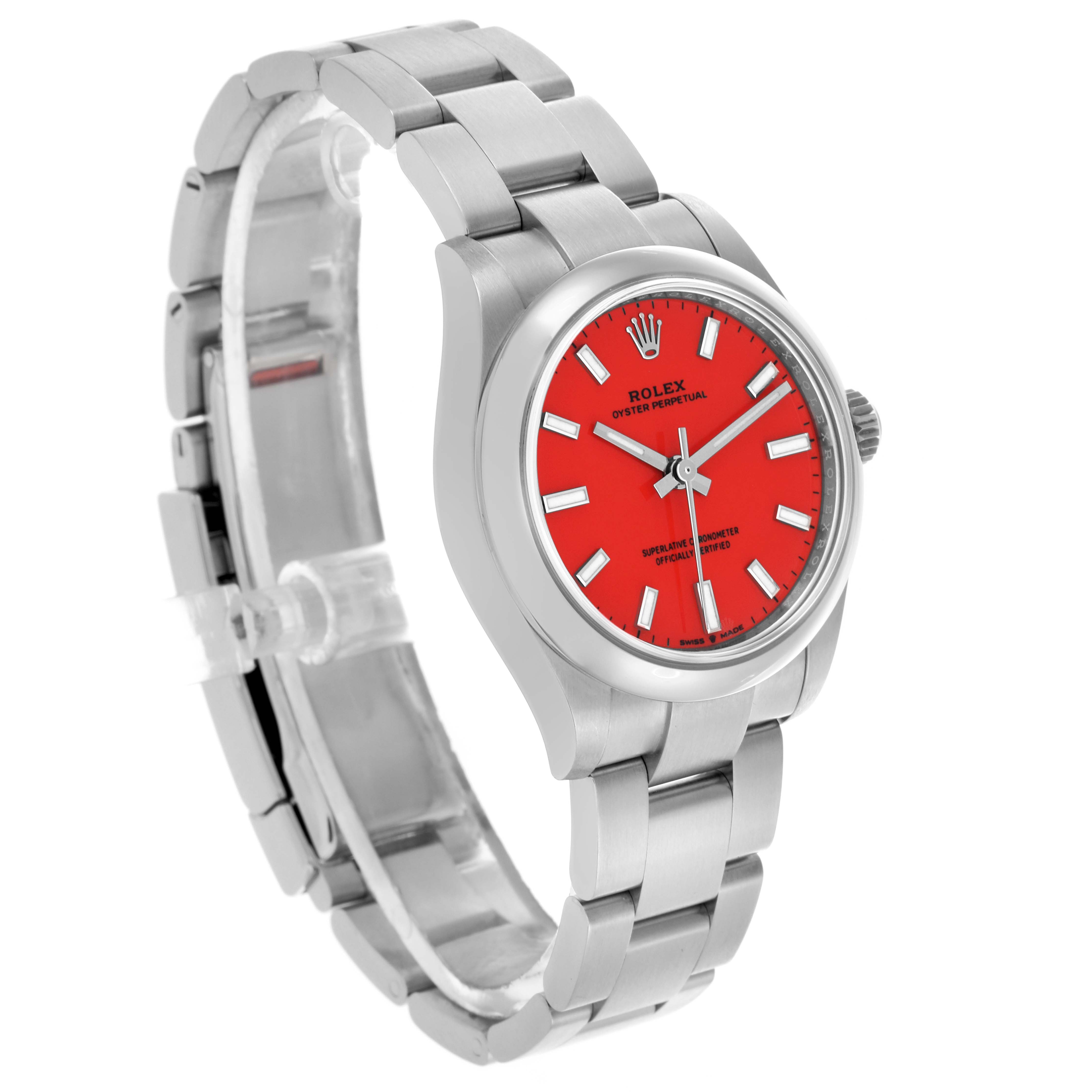 The Rolex Mid-Size 277200 Women's Stainless Steel Red Dial 277200 Women's Stainless Steel Red Dial watch is shown at a three-quarter angle, displaying its red dial, stainless steel case, and bracelet.