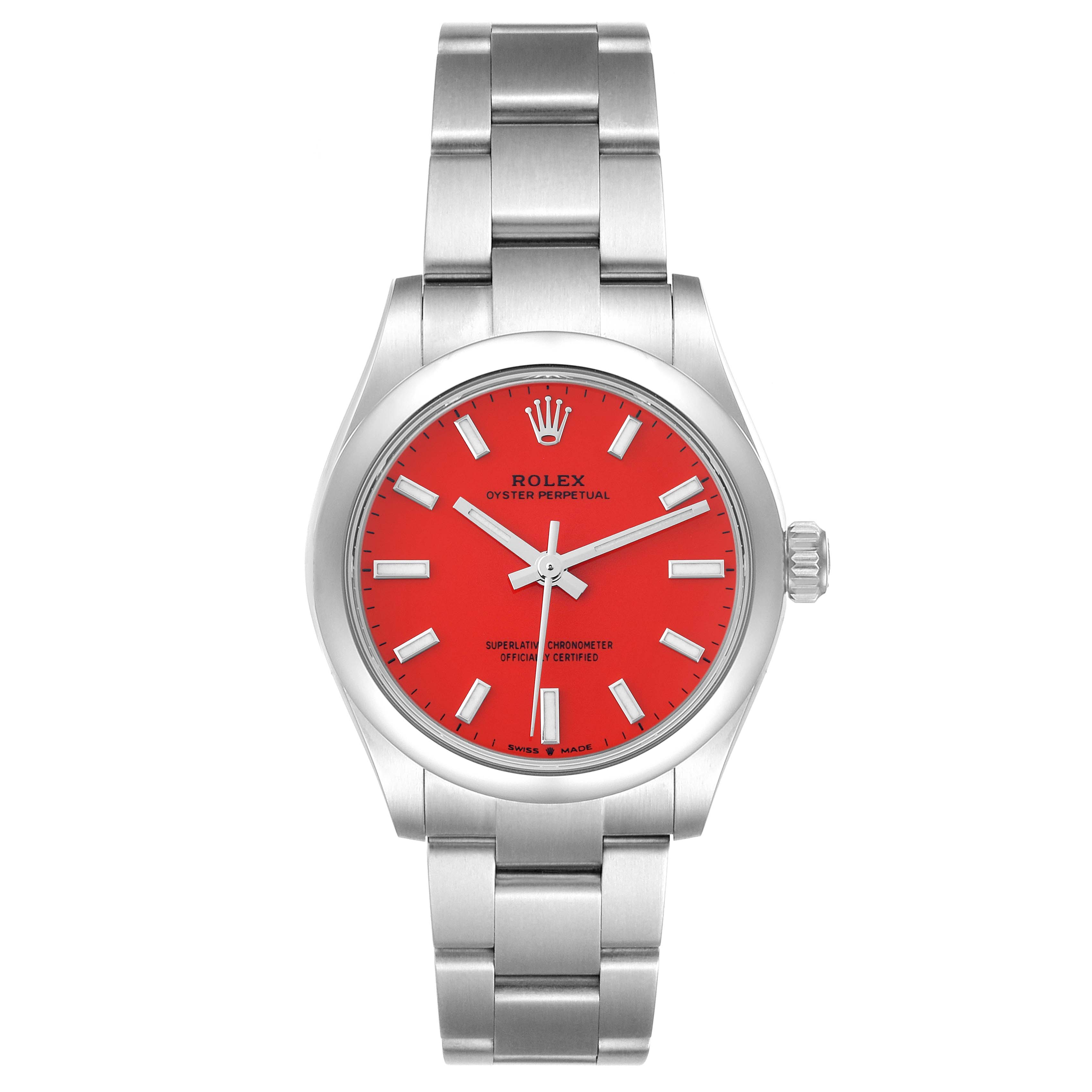 The Rolex Oyster Perpetual Mid-Size watch is shown from a front angle, displaying its red dial and stainless steel bracelet.