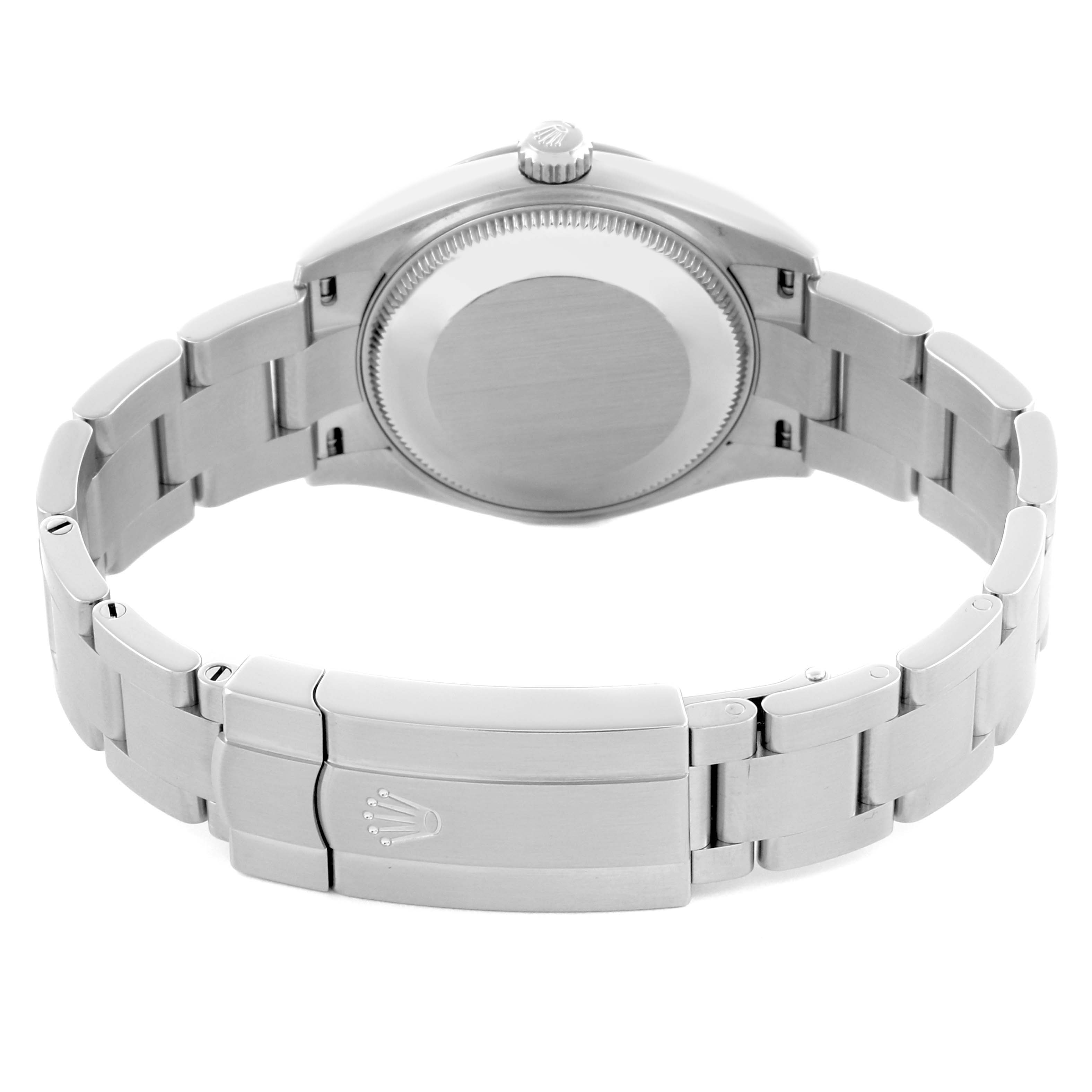 The image depicts the back view of a Rolex Mid-Size 277200 Women's Stainless Steel Red Dial 277200 Women's Stainless Steel Red Dial watch, focusing on the stainless steel case and bracelet clasp.