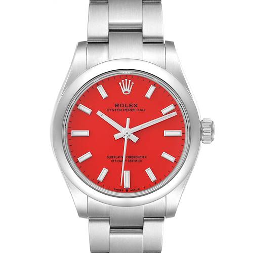 The Rolex Mid-Size watch is shown from a front view, highlighting the red dial, silver markers, and metallic bracelet.