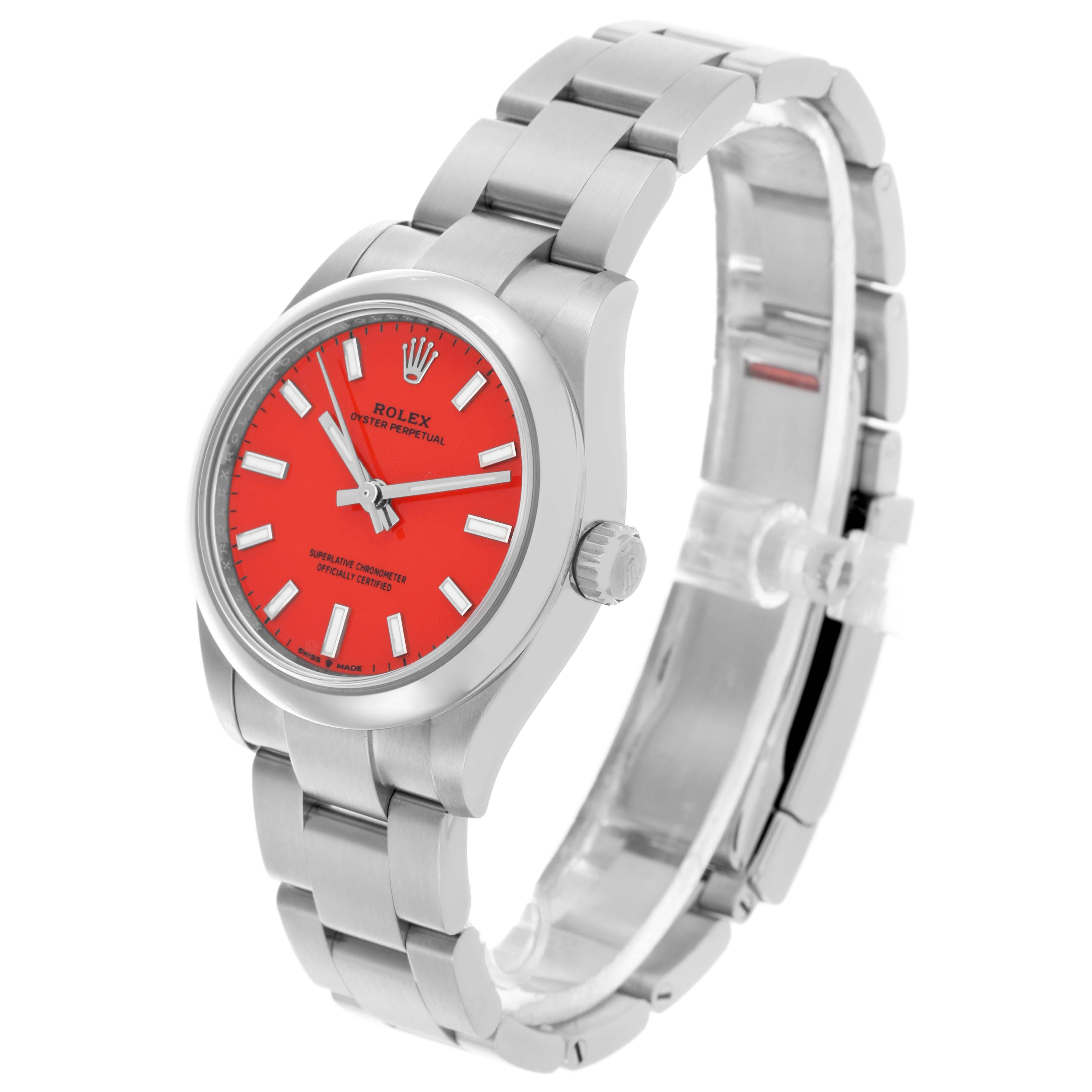 The Rolex Mid-Size 277200 Women's Stainless Steel Red Dial 277200 Women's Stainless Steel Red Dial watch is shown at a three-quarter angle displaying the face, bezel, crown, and bracelet.