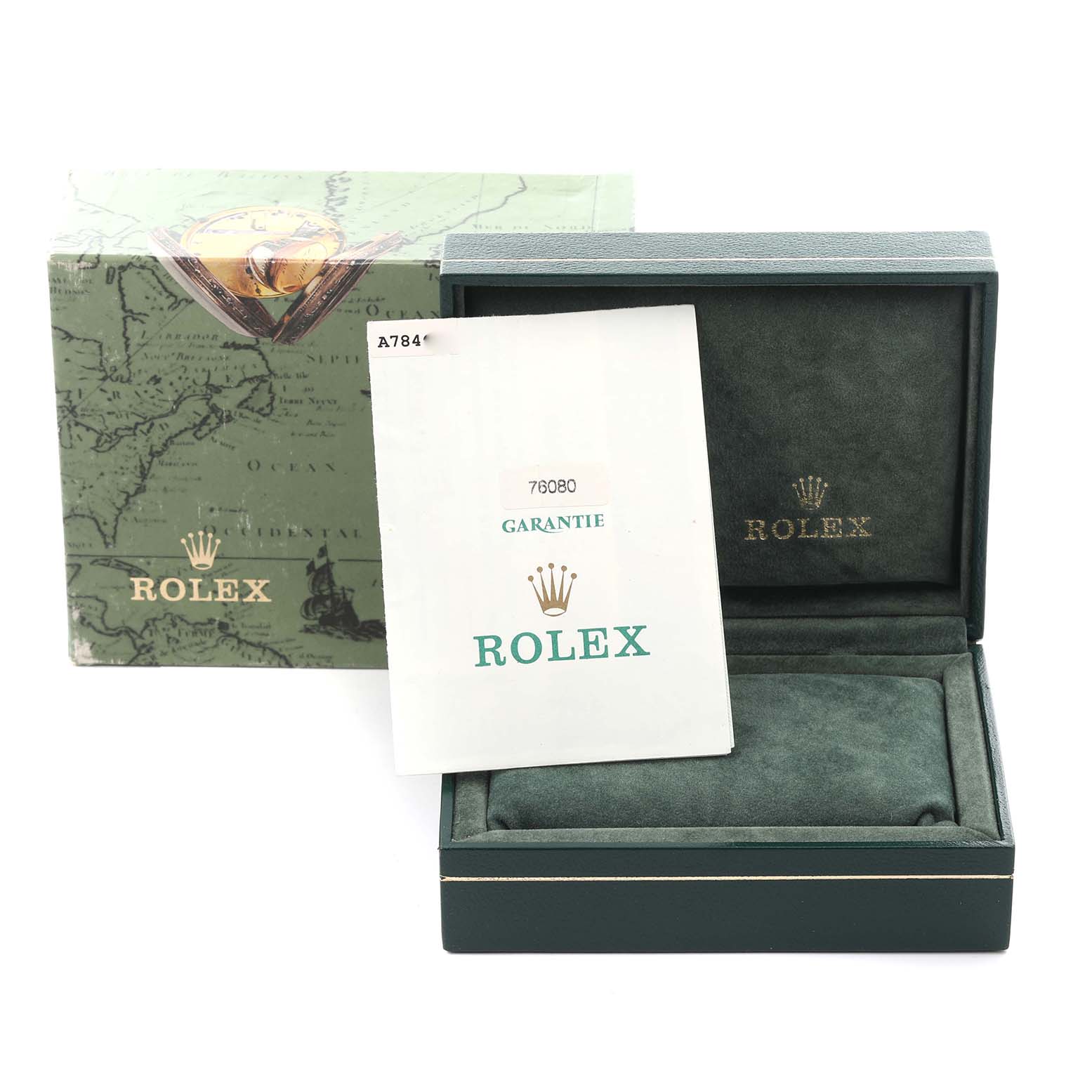 The image shows accessories for a Rolex Oyster Perpetual 76080 Women's Stainless Steel Pink Dial 76080 Women's Stainless Steel Pink Dial, including the box and guarantee card.