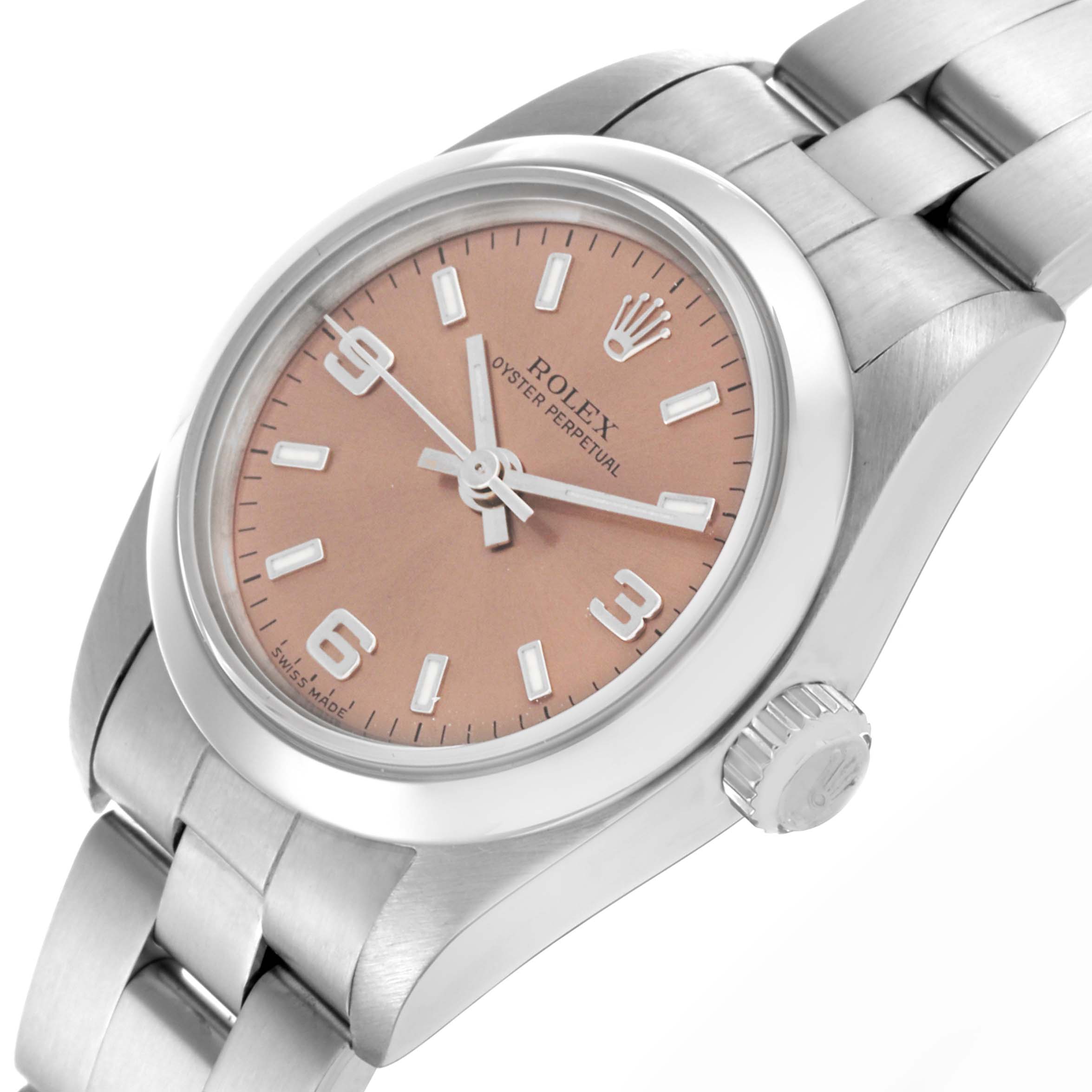 The Rolex Oyster Perpetual 76080 Women's Stainless Steel Pink Dial 76080 Women's Stainless Steel Pink Dial watch is shown at an angle highlighting the face, bezel, and part of the bracelet.
