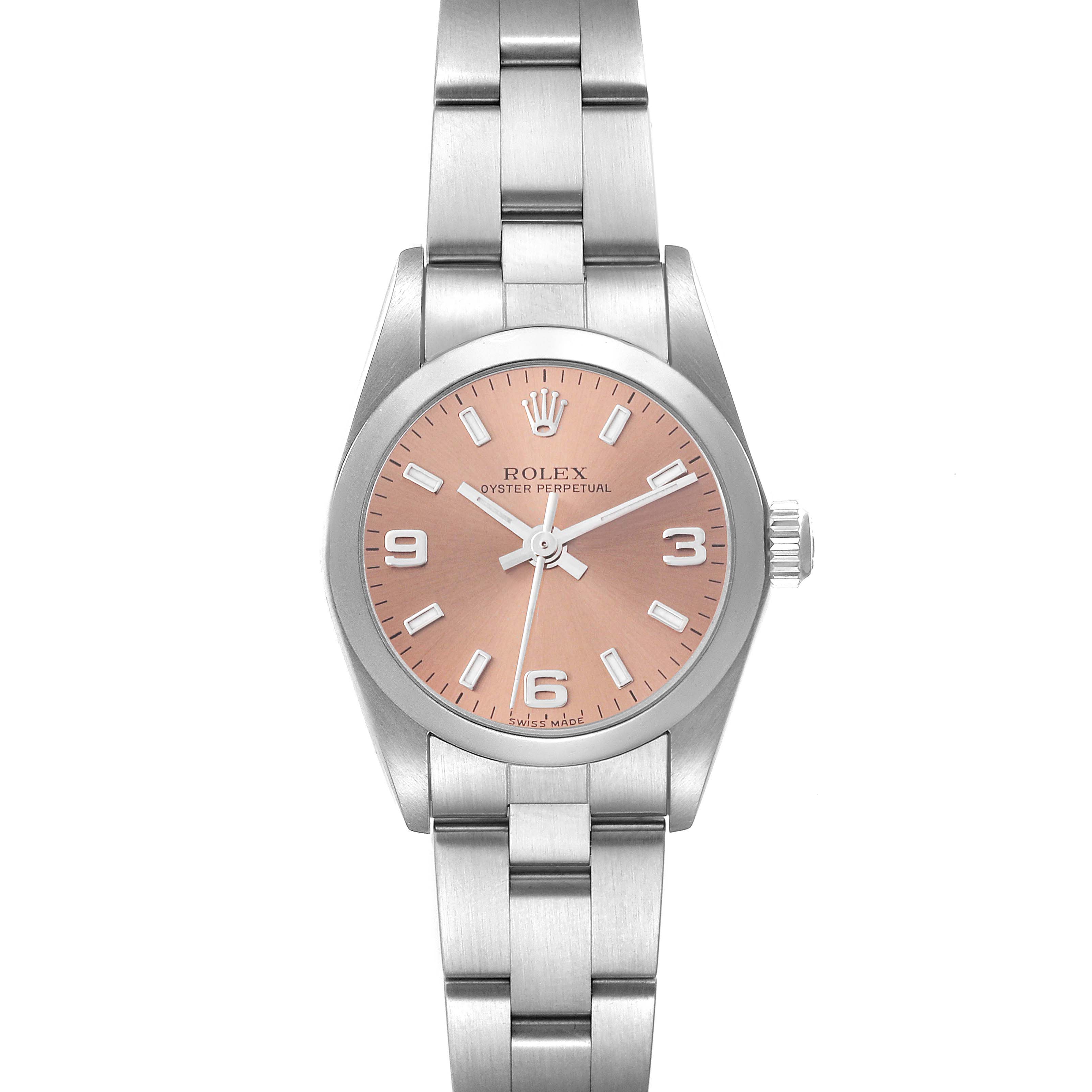 The Rolex Oyster Perpetual 76080 Women's Stainless Steel Pink Dial 76080 Women's Stainless Steel Pink Dial watch is shown from a front angle, displaying the dial, bezel, case, bracelet, and crown.