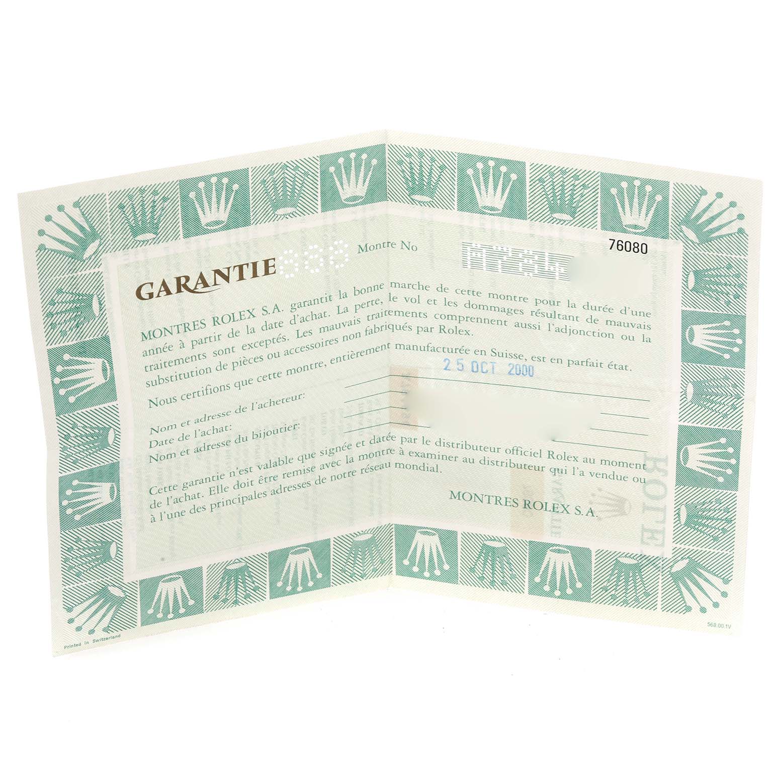 The image shows a warranty card for a Rolex Oyster Perpetual 76080 Women's Stainless Steel Pink Dial 76080 Women's Stainless Steel Pink Dial watch, displaying text and logo elements.