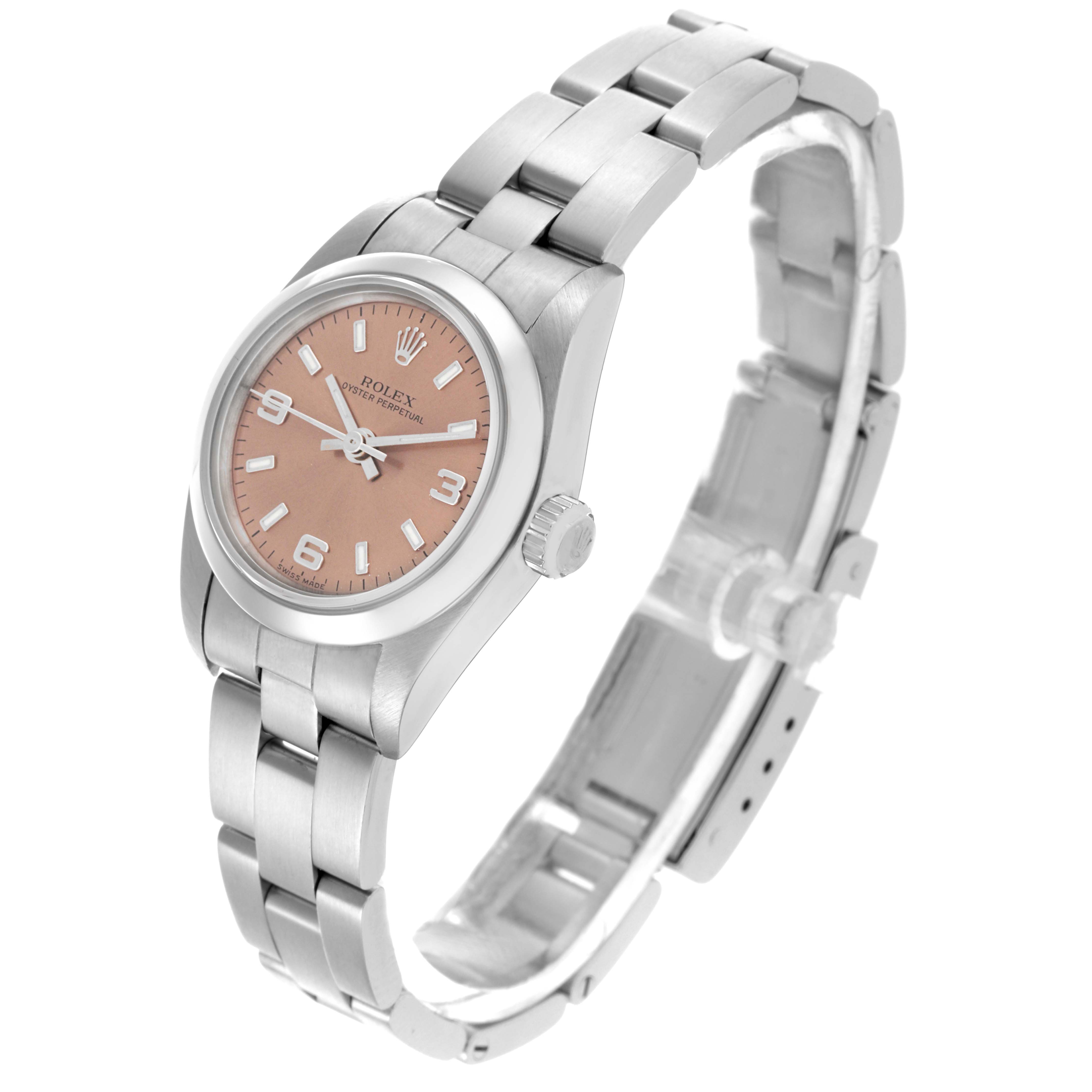 The Rolex Oyster Perpetual 76080 Women's Stainless Steel Pink Dial 76080 Women's Stainless Steel Pink Dial watch is shown at a three-quarter angle, highlighting the dial, case, crown, and bracelet.