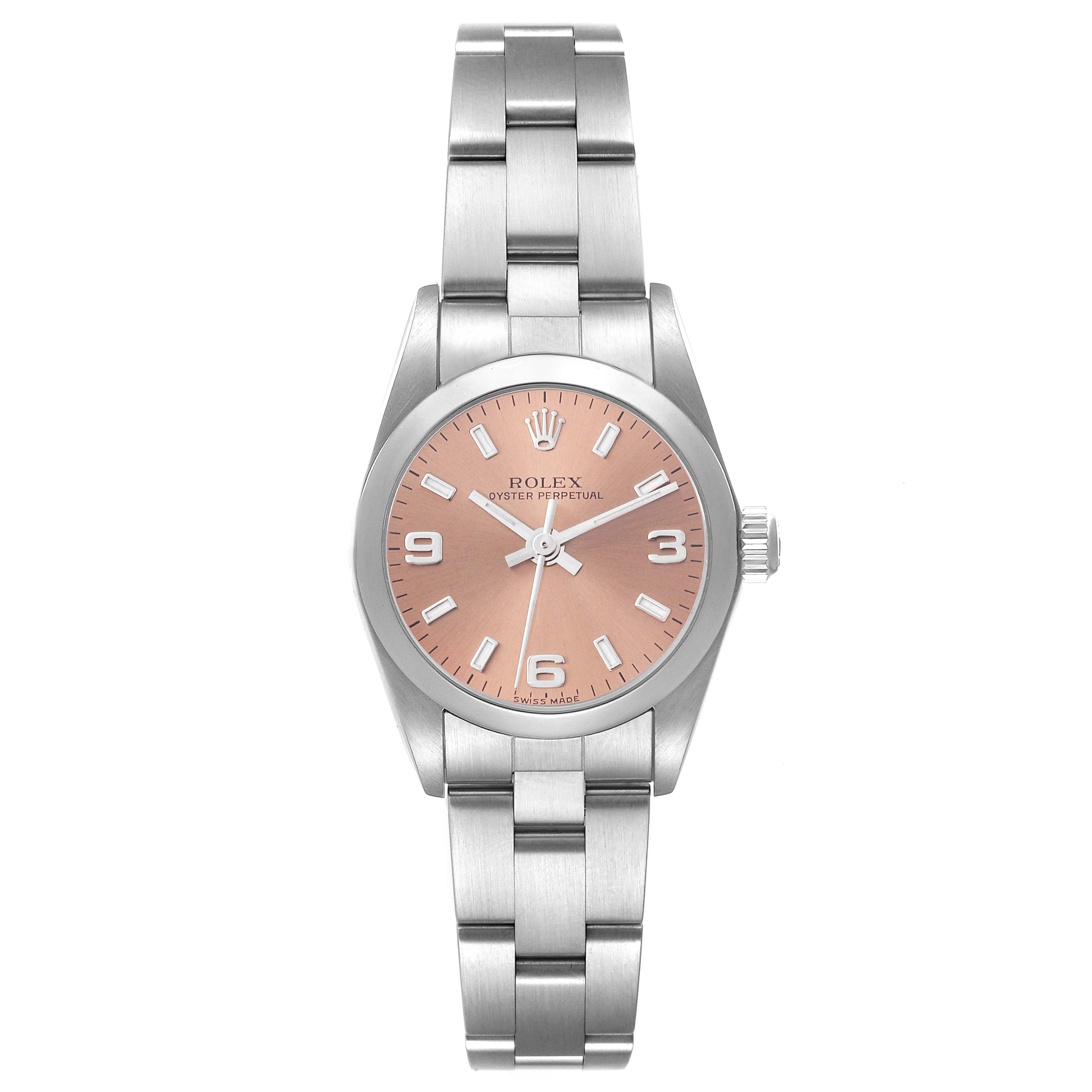 The Rolex Oyster Perpetual 76080 Women's Stainless Steel Pink Dial 76080 Women's Stainless Steel Pink Dial watch is shown from a top-down angle, displaying the face, bezel, and bracelet.